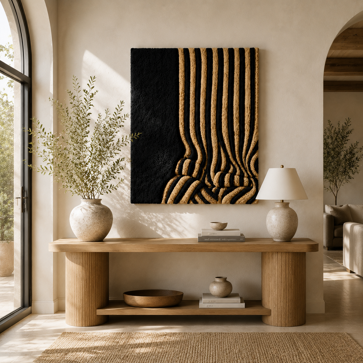 Hewn Earth Golden Lines HE-0244 wall art featuring abstract gold line design on a neutral background.