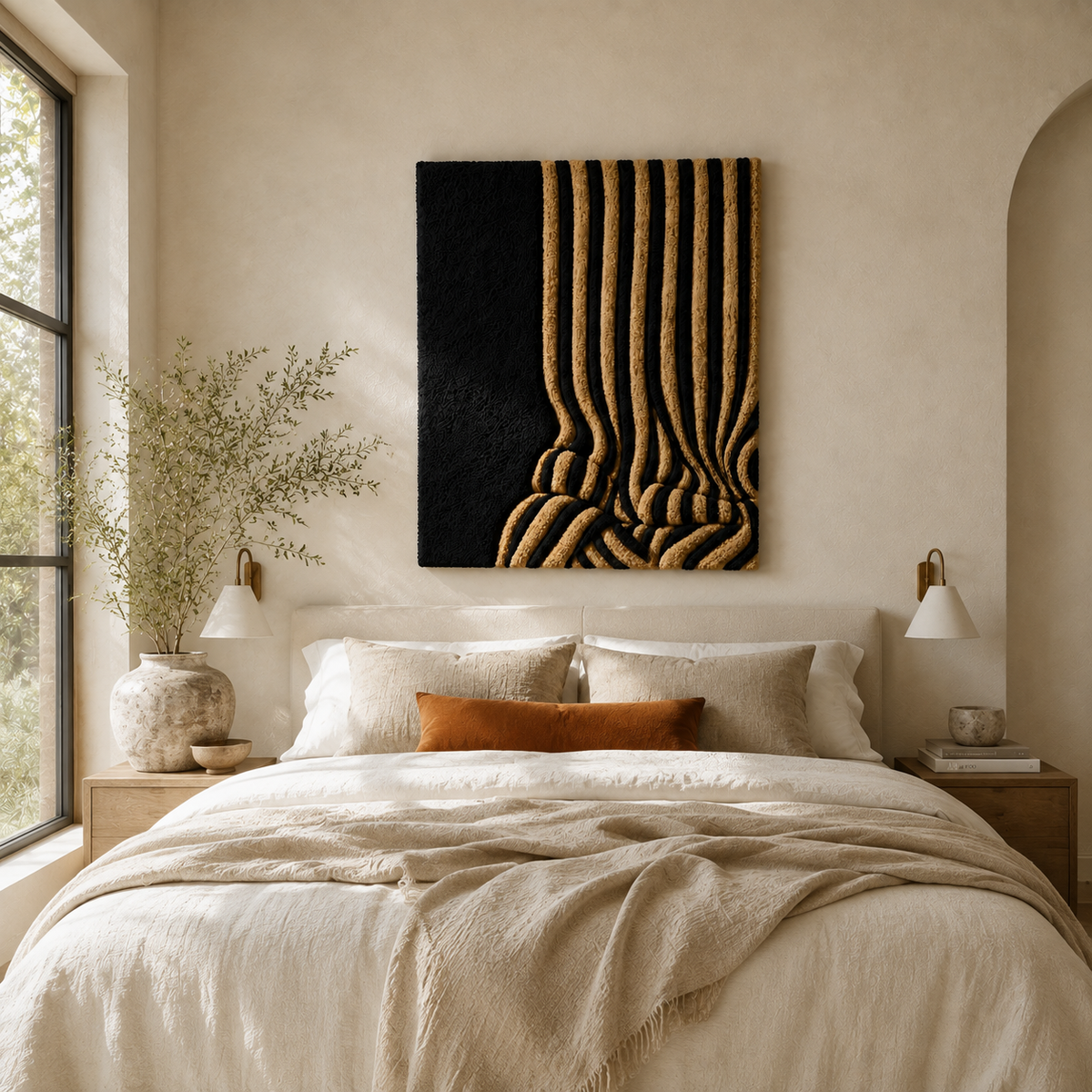 Golden Lines wall art by Hewn Earth featuring abstract gold and black geometric patterns on a canvas.