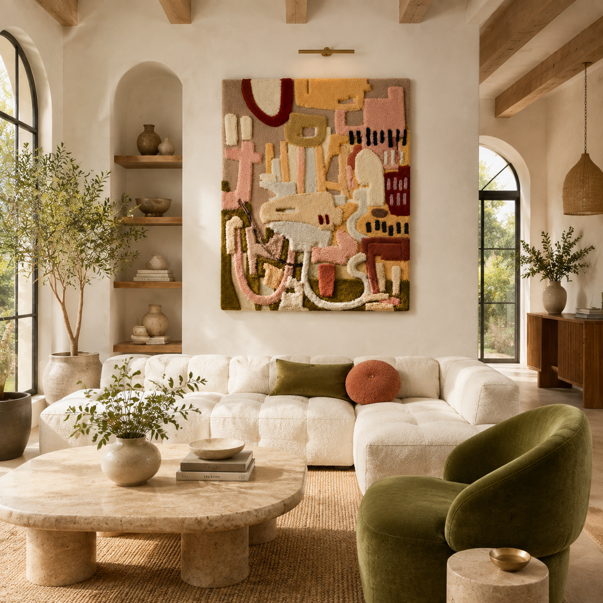 Hewn Earth Studio Fragments HE-0245 wall art featuring abstract geometric patterns in neutral tones on a textured background.