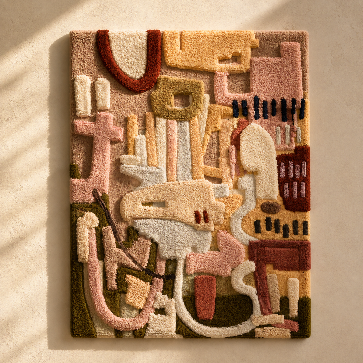 Hewn Earth Studio Fragments HE-0245 wall art featuring abstract geometric shapes in earthy tones on a canvas surface.