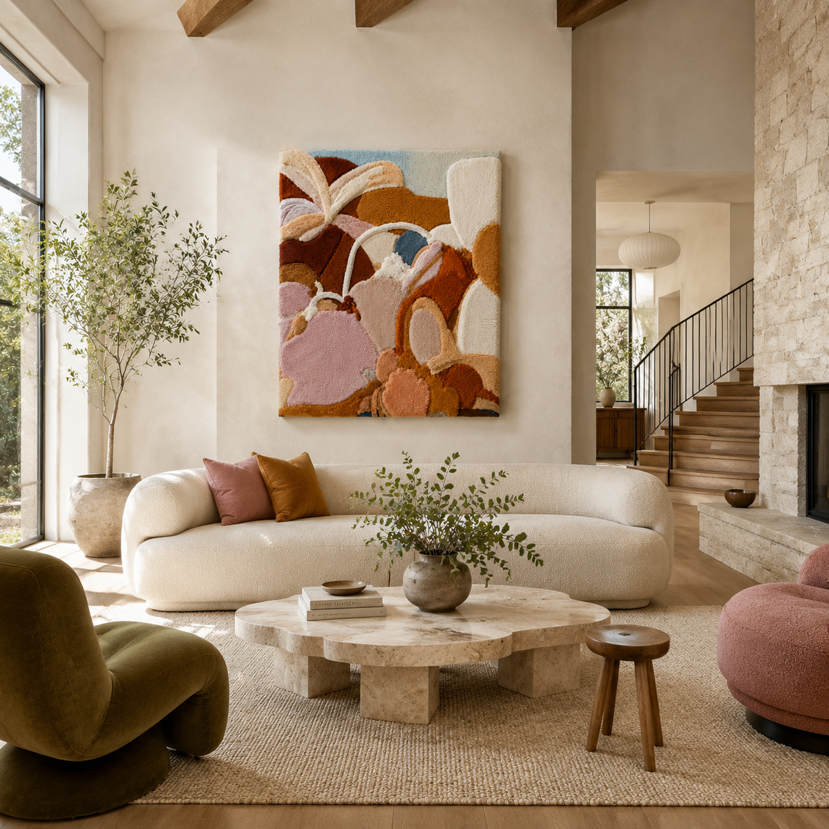 Hewn Earth Pastel Pebbles wall art featuring soft-colored, rounded pebbles arranged in an artistic display on a neutral background.