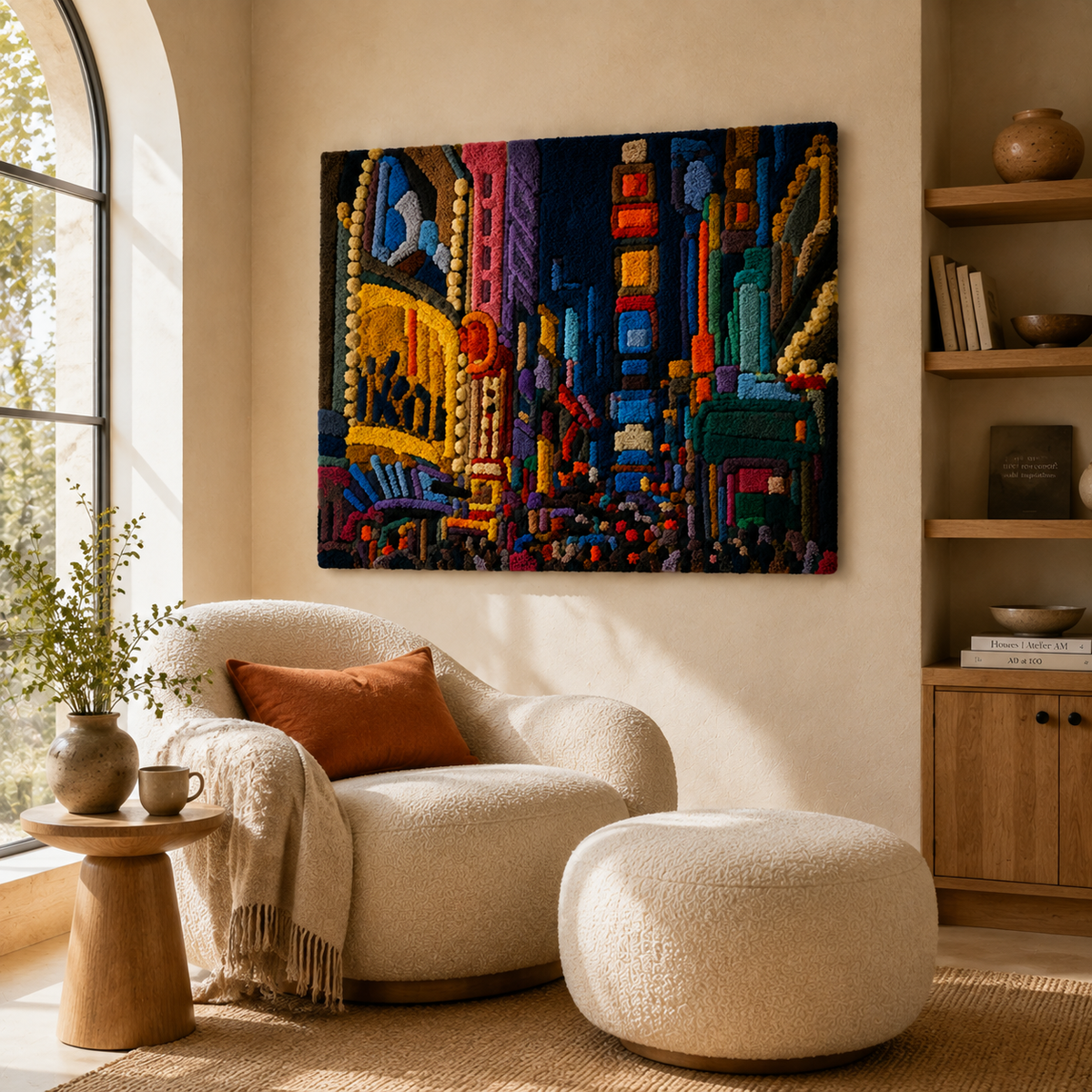 Hewn Earth Night Market wall art, vibrant cityscape scene with colorful lights and buildings, suitable for modern home decor