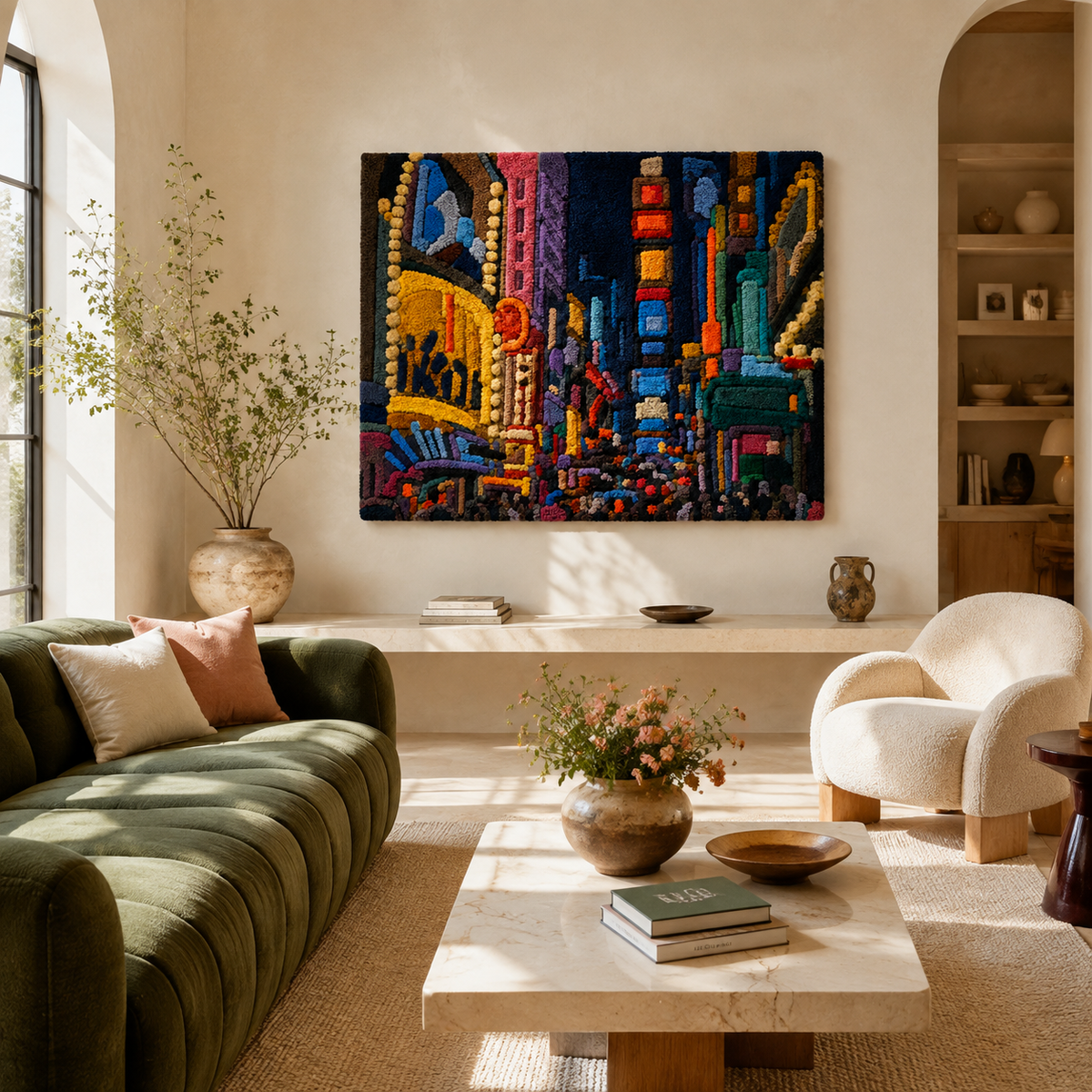 Hewn Earth Night Market wall art, vibrant colorful scene on textured canvas, decorative home wall decor piece