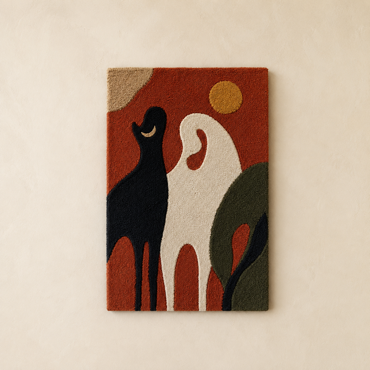 Hewn Earth Sun and Hounds wall art featuring a vibrant sun and hounds design on a textured canvas.