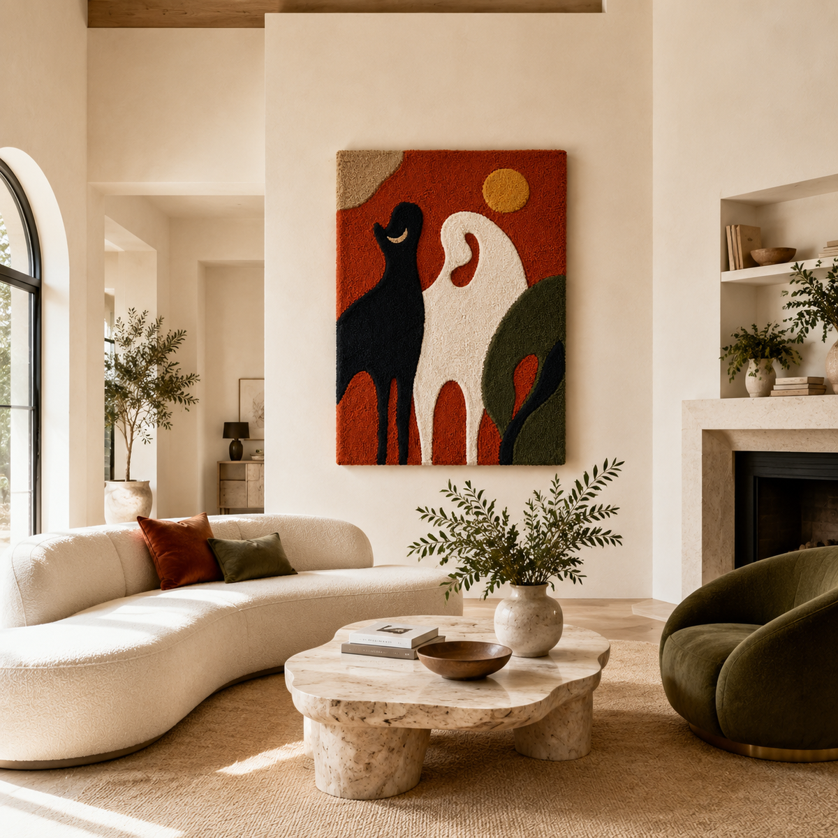 Hewn Earth Sun and Hounds wall art, colorful abstract design featuring sun and hound figures, modern decorative wall decor.