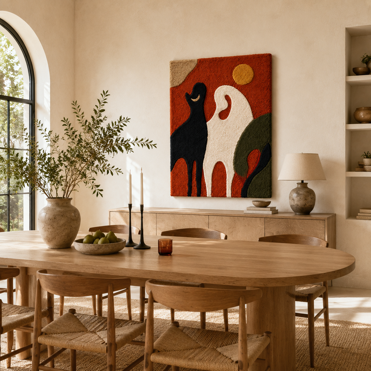 Hewn Earth Sun and Hounds HE-0248 wall art featuring a vibrant, abstract sun and hound design on a canvas background.