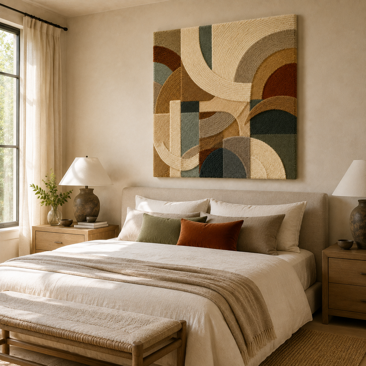 Hewn Earth Quiet Arches wall art, abstract design with arch shapes in neutral tones on a textured background.