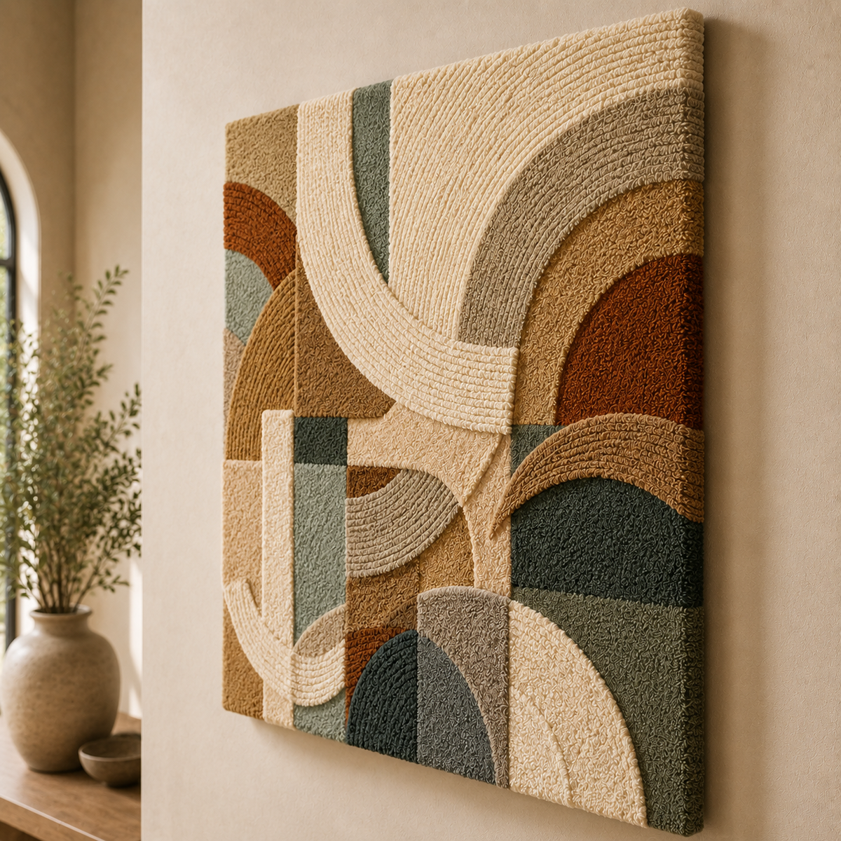 Hewn Earth Quiet Arches HE-0252 wall art featuring abstract arch designs in neutral tones on a textured background.