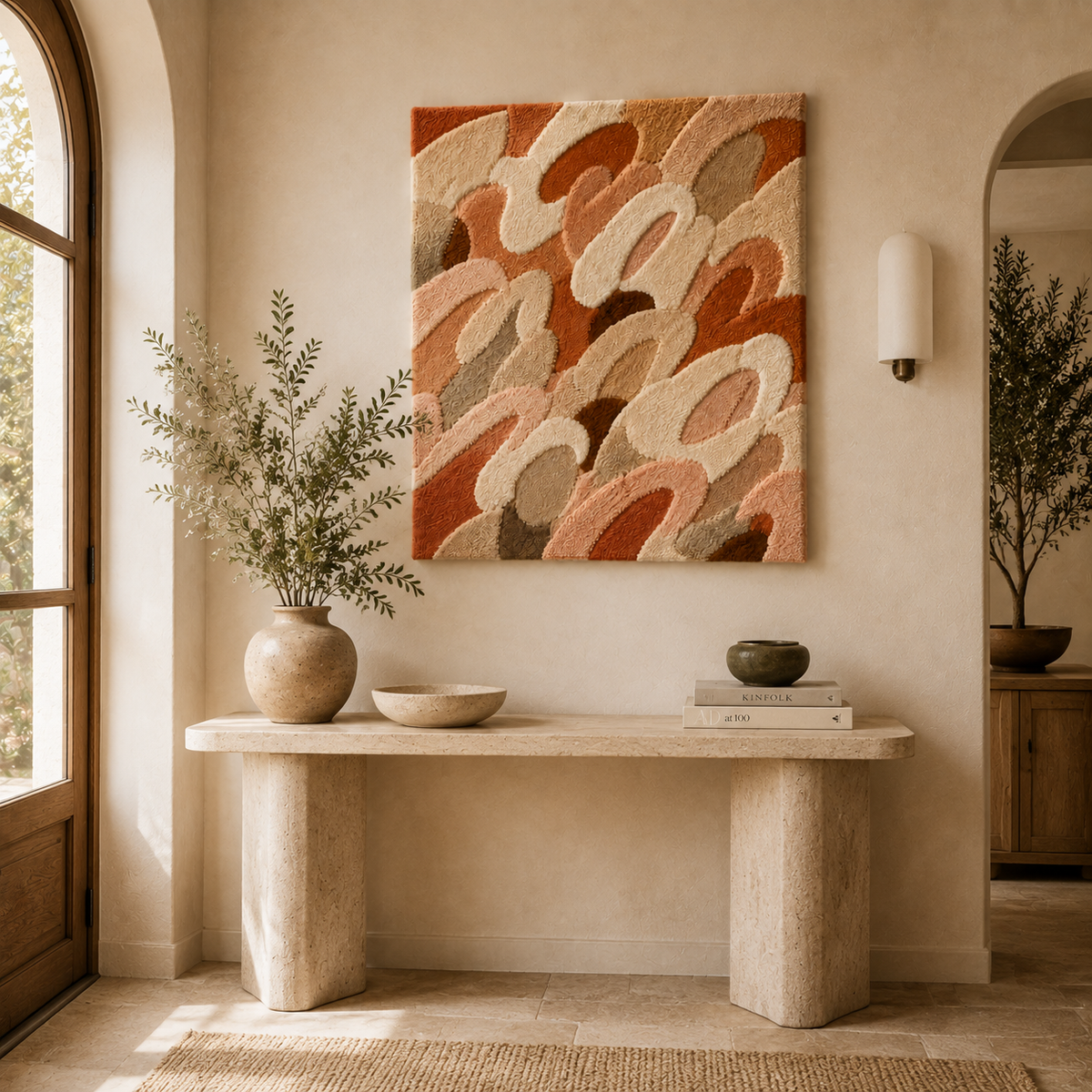 Hewn Earth Blush Scales wall art featuring layered textured pink and beige scales on a neutral background.