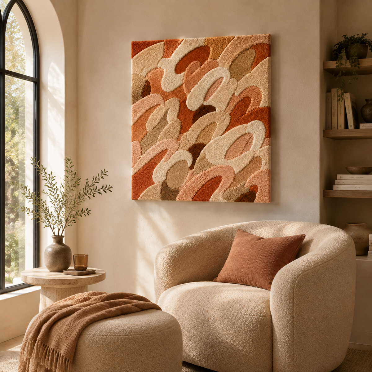 Hewn Earth Blush Scales wall art featuring soft pink and beige abstract design on a textured surface.