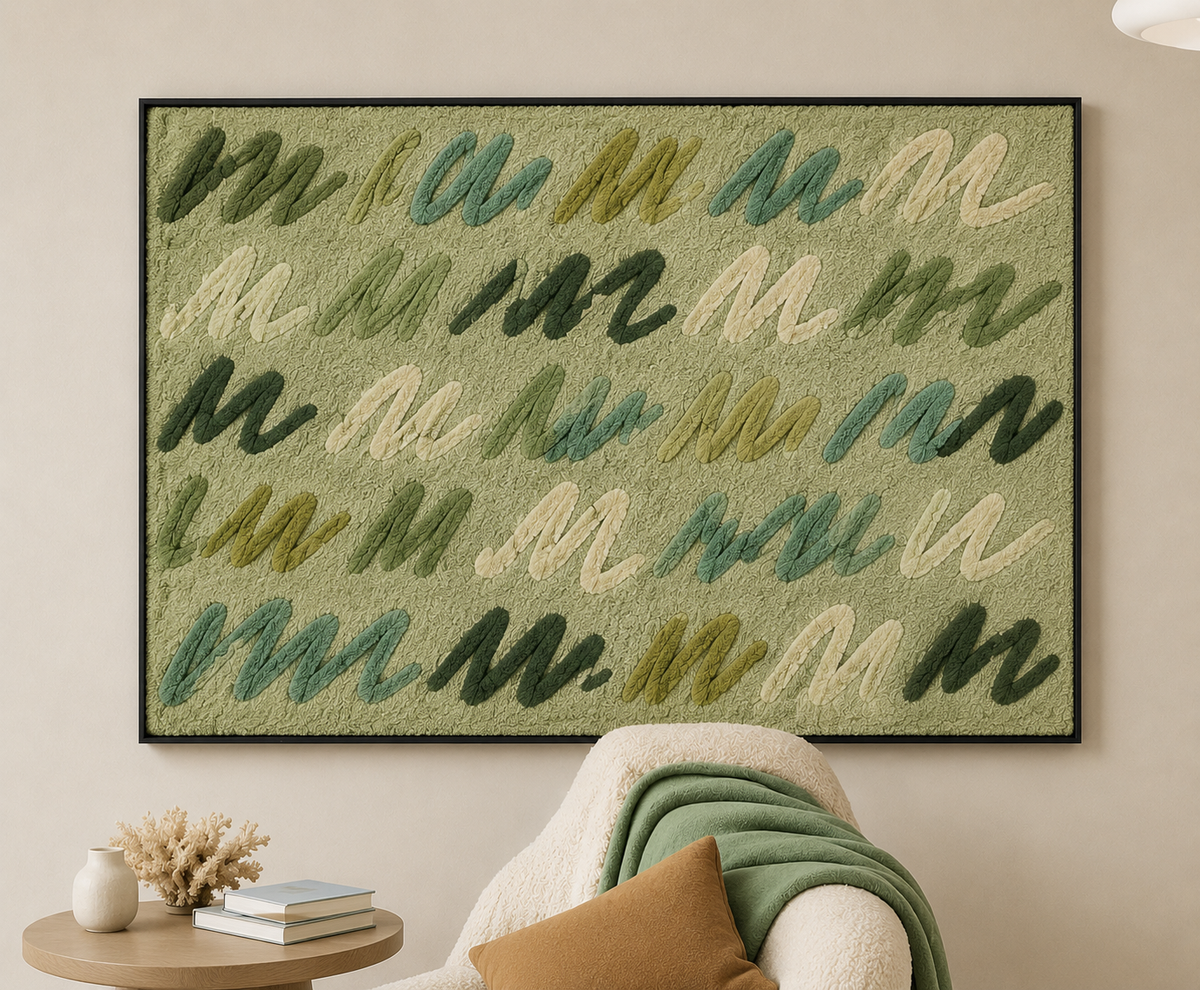 Hewn Earth Meadow Marks HE-0257 wall art featuring abstract green and beige botanical design on textured canvas.