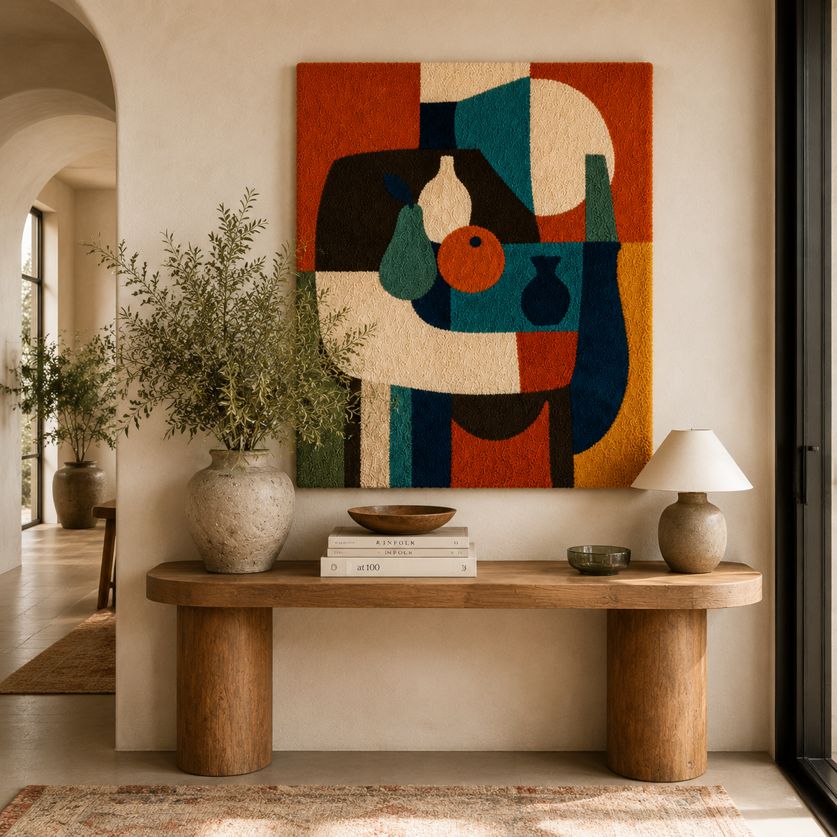 Hewn Earth Totem Still Life wall art featuring abstract geometric shapes and earthy tones on a textured background.