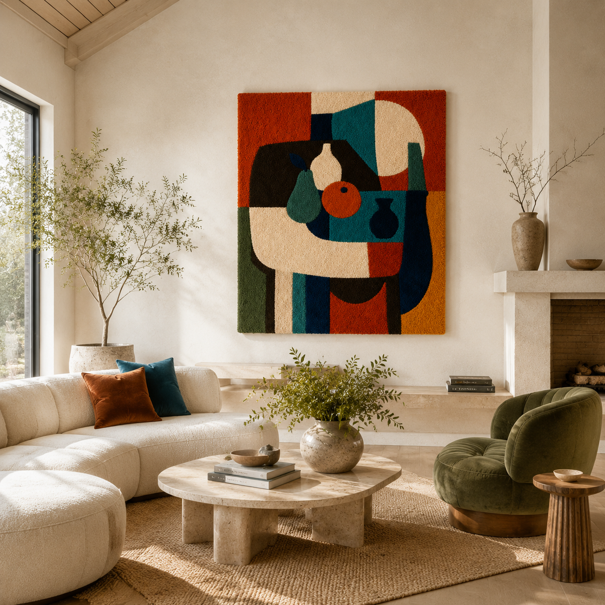 Hewn Earth Totem Still Life wall art, modern abstract design with earthy tones on textured canvas.
