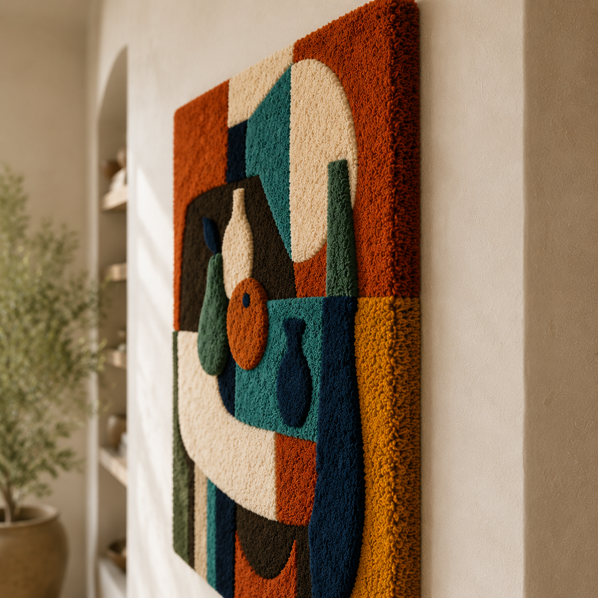 Hewn Earth Totem Still Life wall art featuring abstract geometric shapes in earthy tones, perfect for modern interior decor.