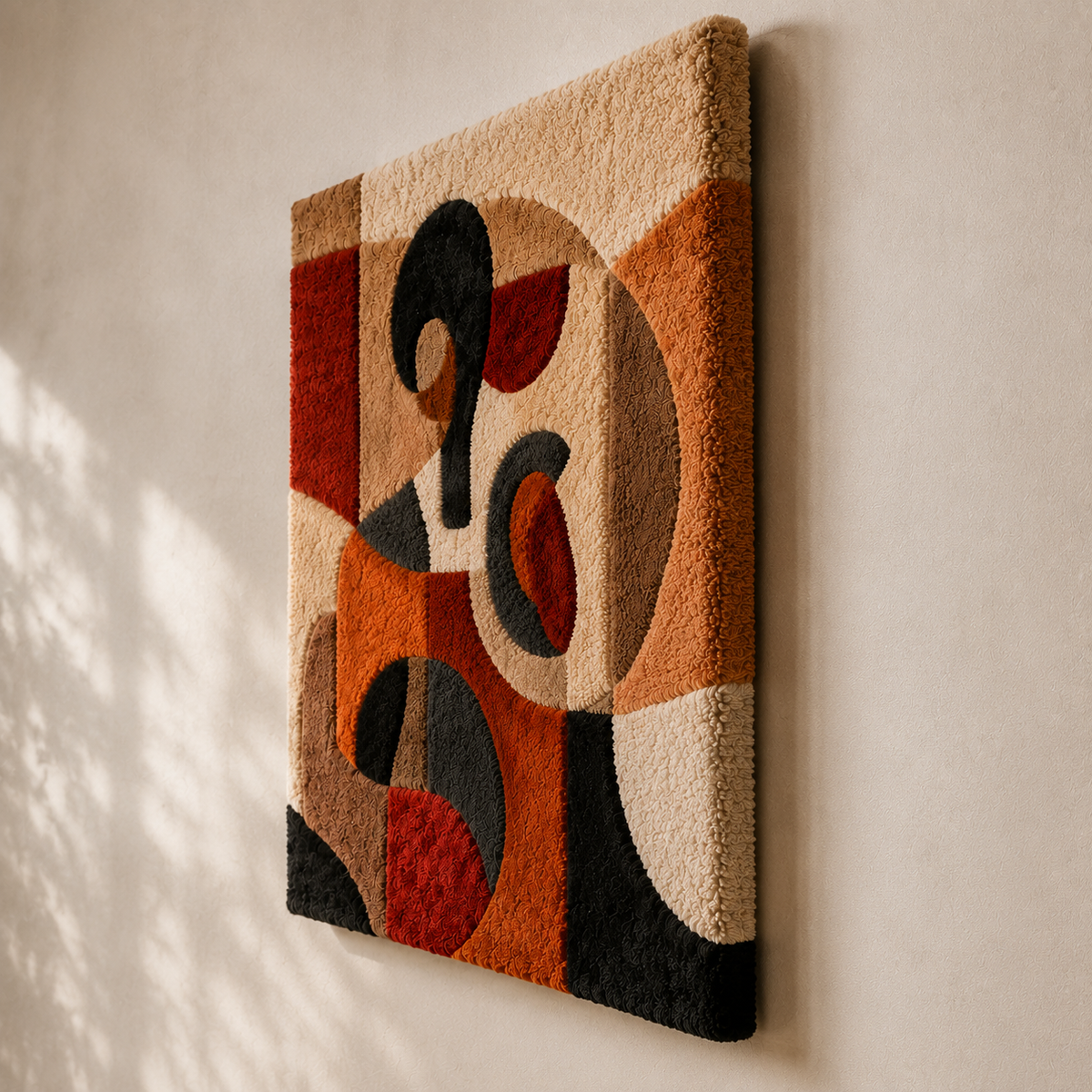 Red Hewn Earth wall art figure HE-0260 with abstract design, hanging on a wall, featuring vibrant red tones and textured surface.