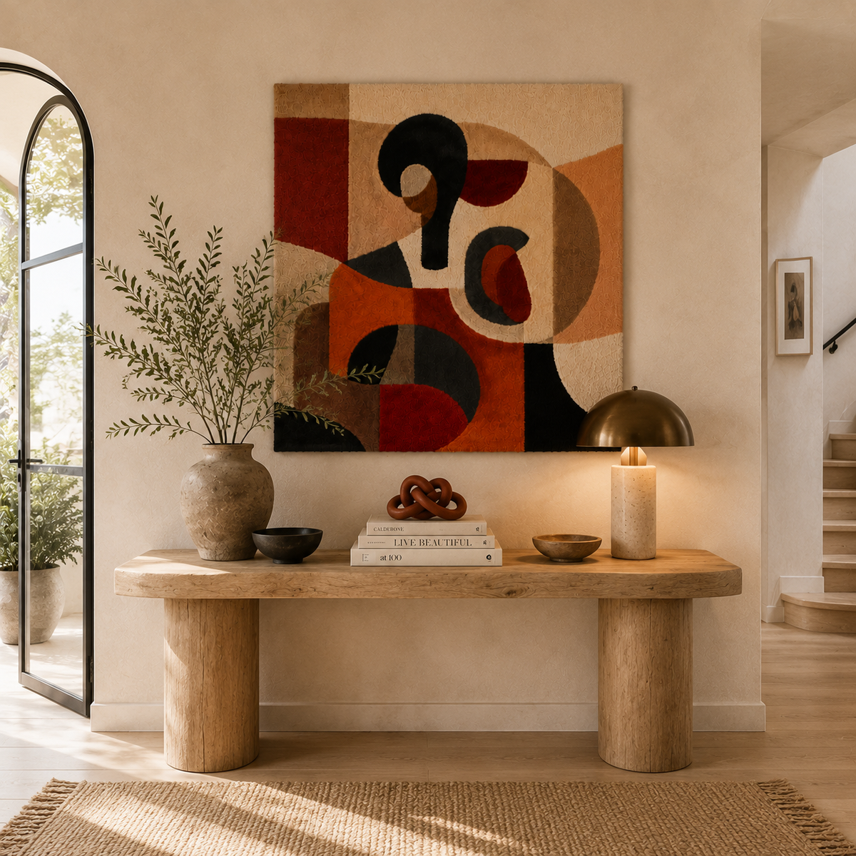 Red figure wall art by Hewn Earth, modern abstract sculpture mounted on a wall, showcasing bold red geometric design.
