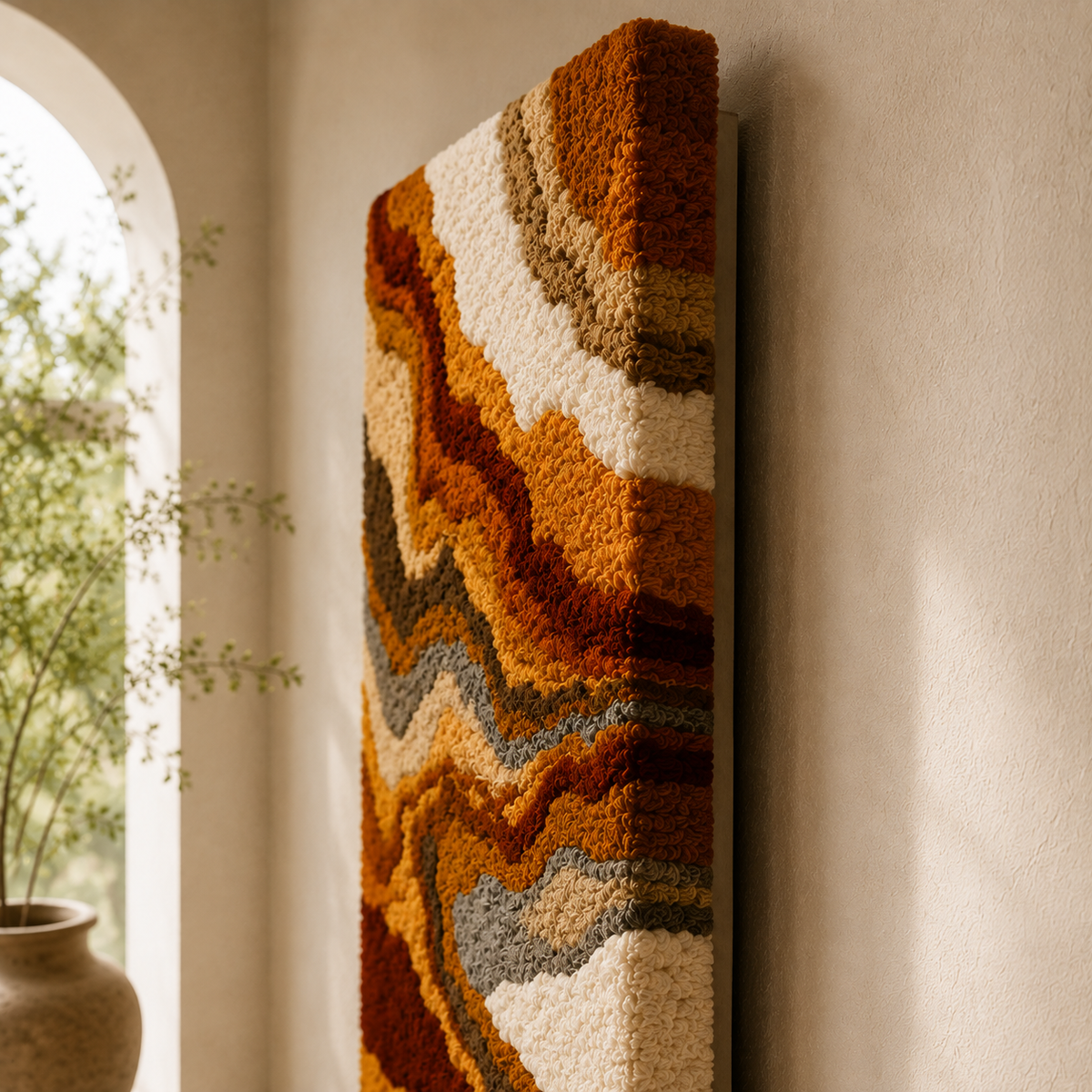 Hewn Earth Canyon Strata wall art piece featuring layered geological textures in earthy tones.