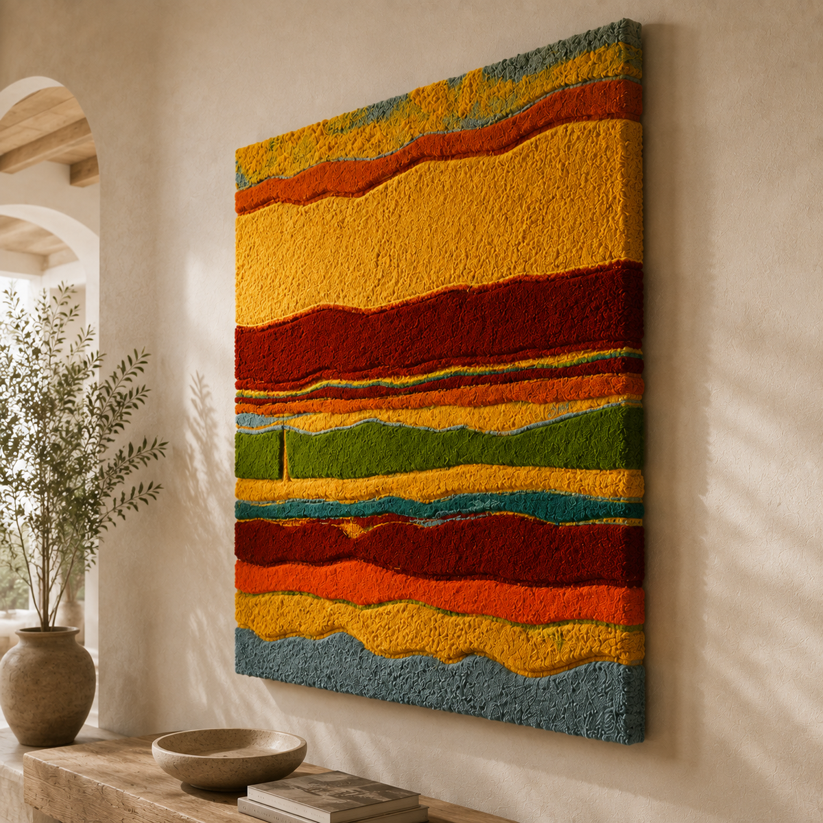 Colorful Rainbow Strata wall art by Hewn Earth featuring layered, abstract geometric shapes on a neutral background.