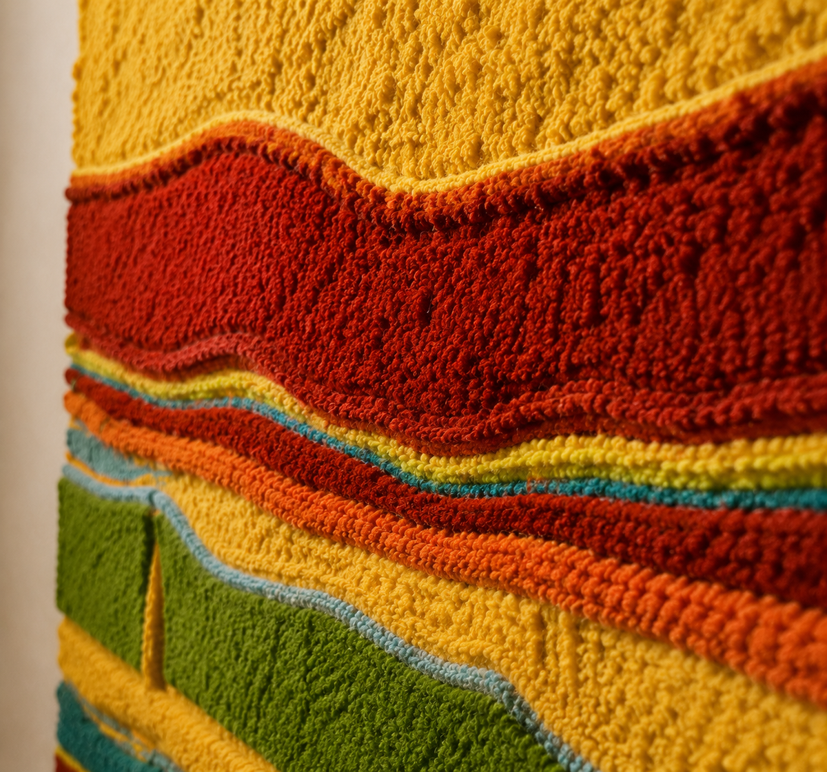 Colorful Rainbow Strata wall art by Hewn Earth, featuring layered geometric shapes in vibrant hues for modern home decor.