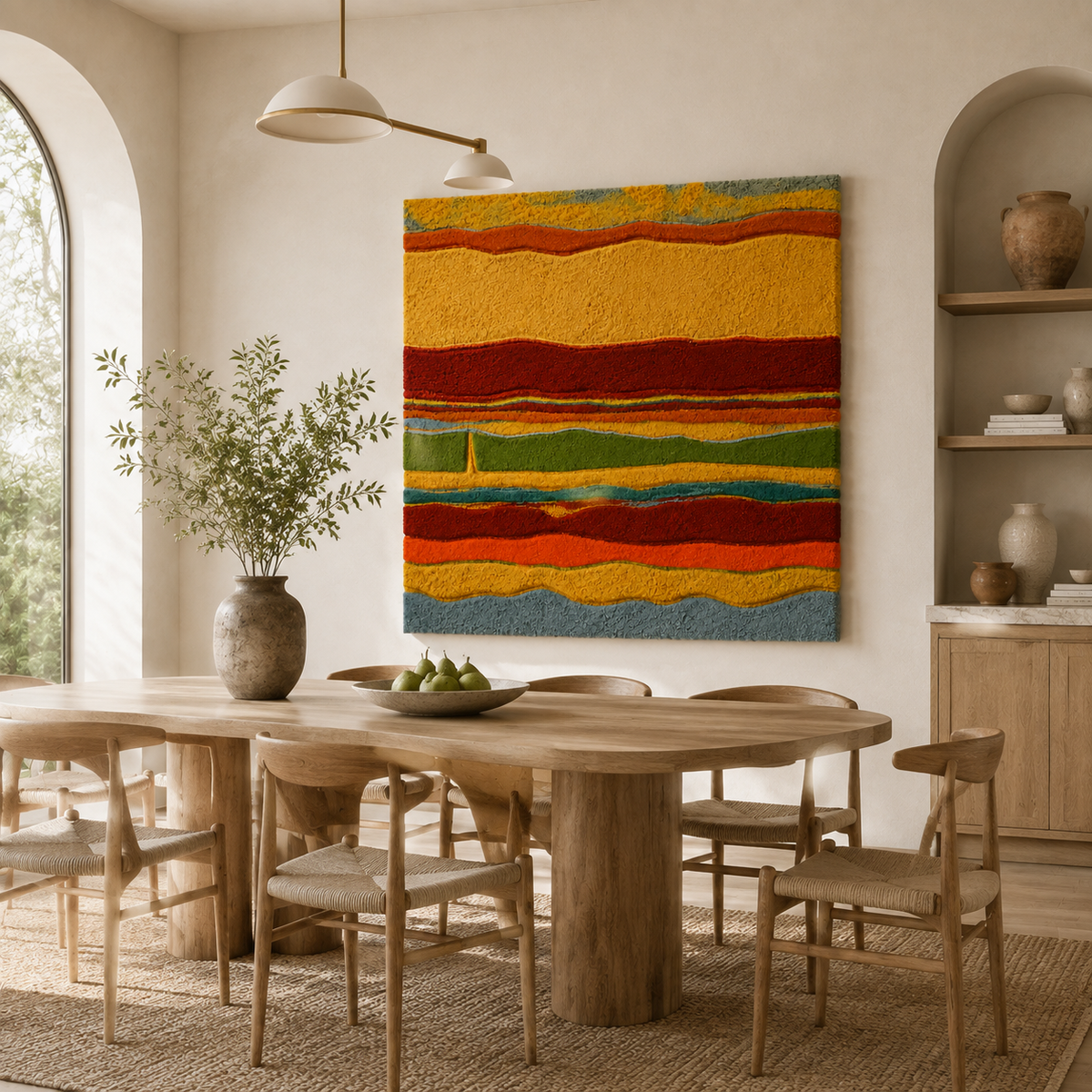 Colorful Rainbow Strata wall art by Hewn Earth featuring layered, vibrant earth-toned wood textures for modern home decor.