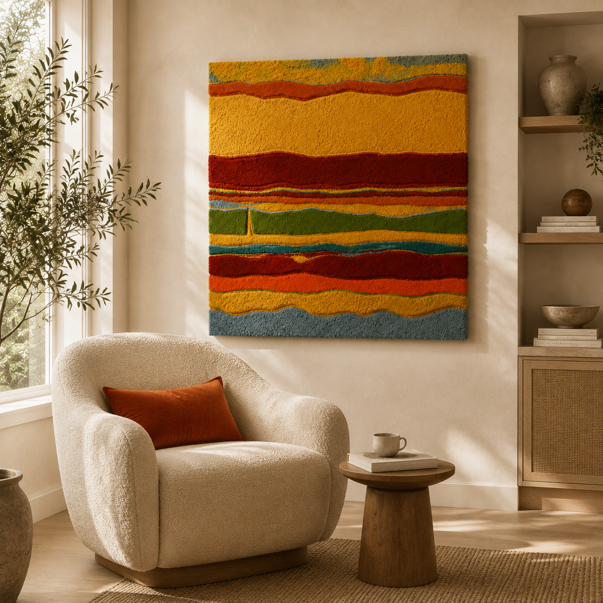 Colorful Rainbow Strata wall art by Hewn Earth featuring layered, vibrant geometric shapes on a neutral background.