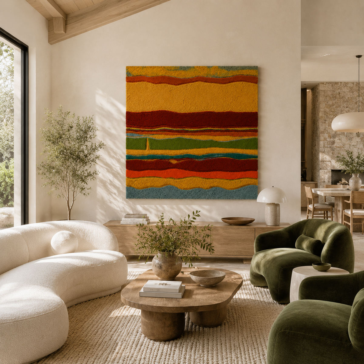 Colorful Rainbow Strata wall art by Hewn Earth showcasing layered, vibrant geometric design on a neutral background.