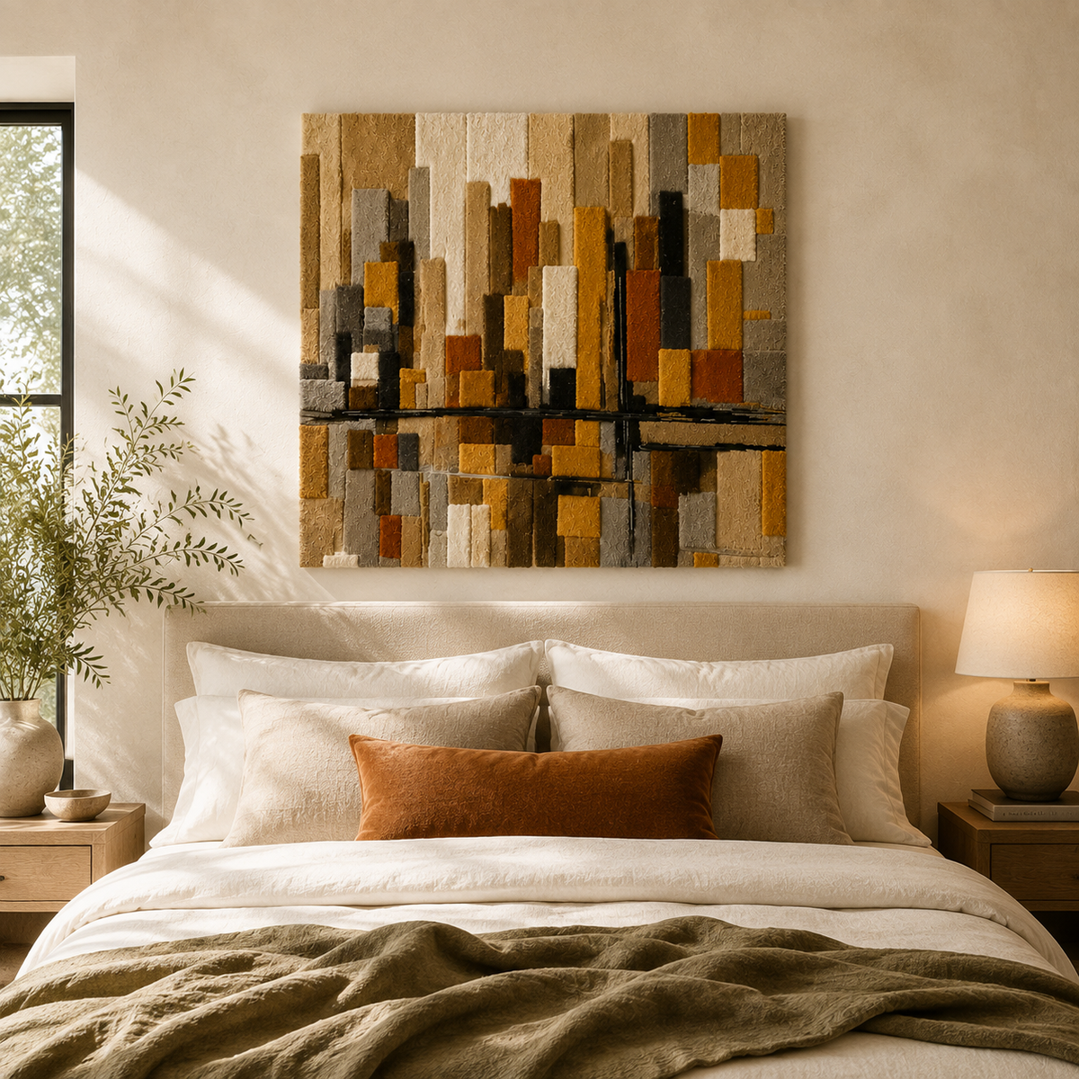 Hewn Earth City Loom wall art, HE-0264, featuring abstract cityscape design in neutral tones on a wall.
