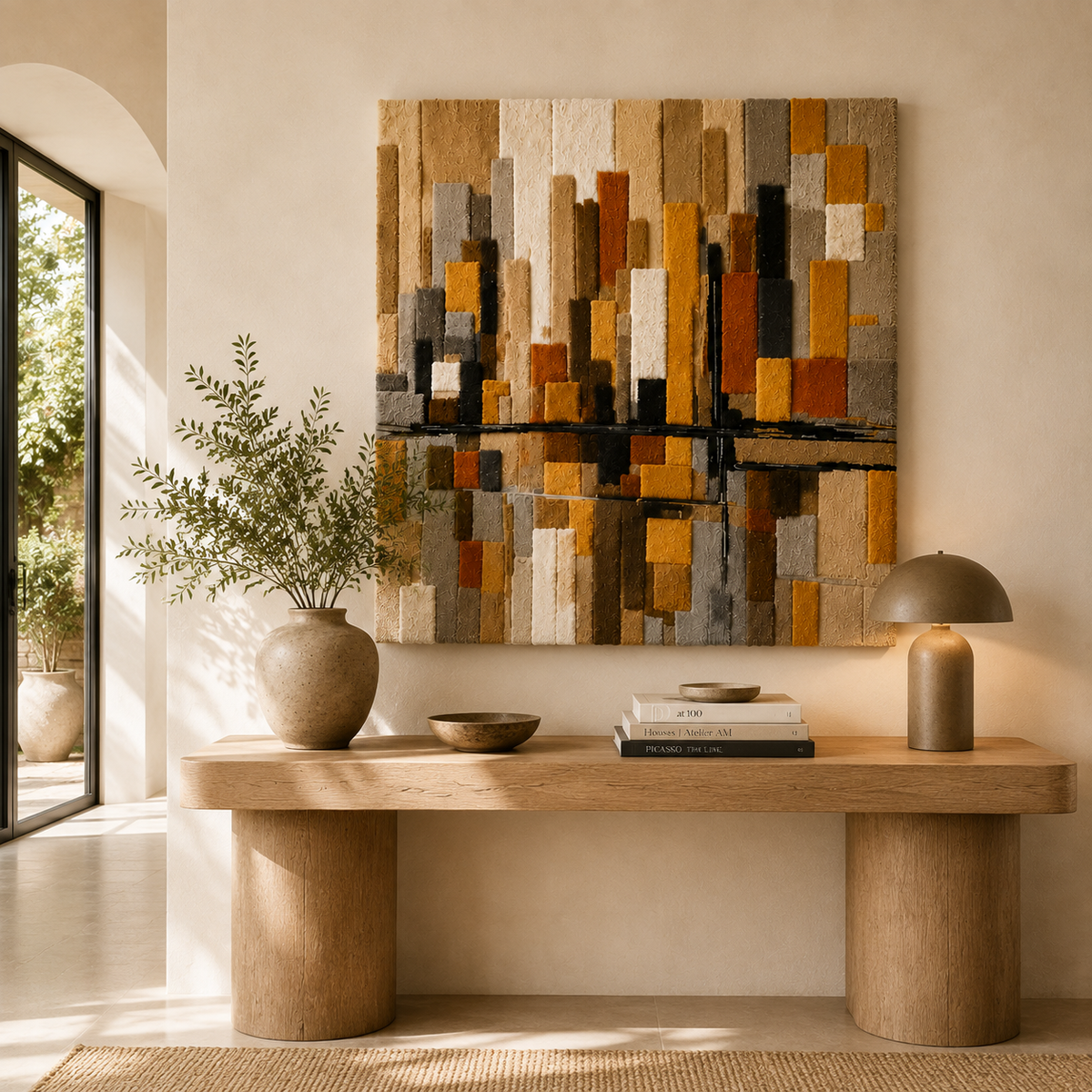 Hewn Earth City Loom HE-0264 wall art featuring a detailed cityscape with intricate line work and vibrant urban colors.