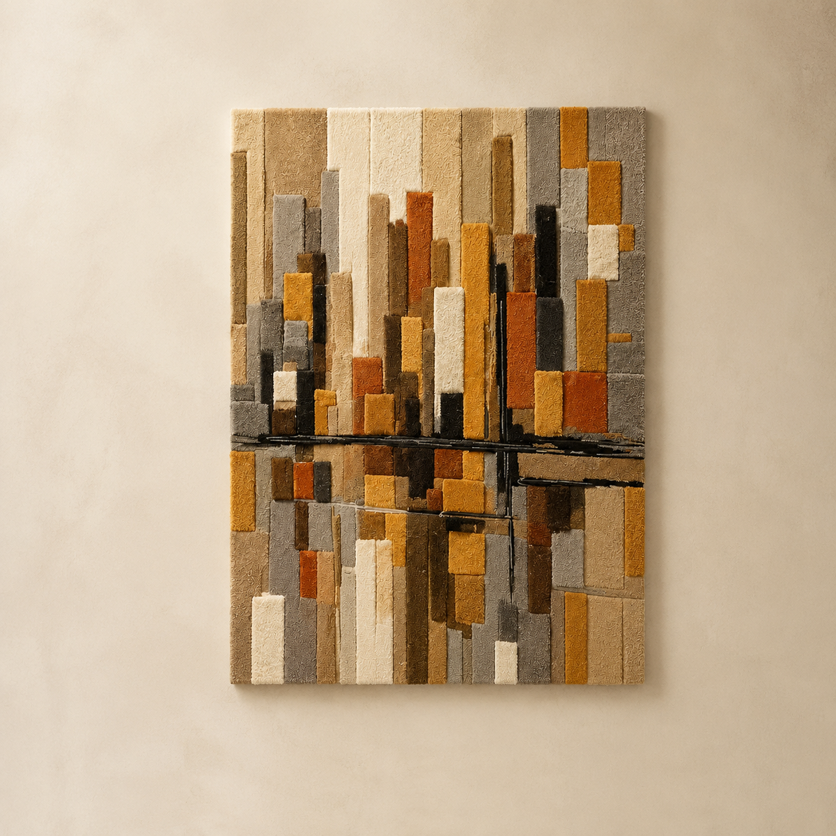 Hewn Earth City Loom HE-0264 wall art featuring abstract cityscape design in neutral tones.