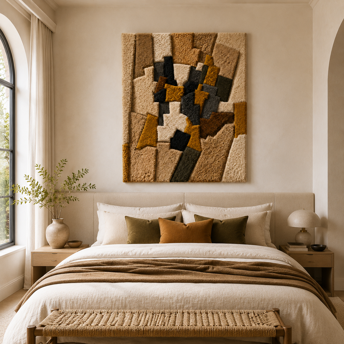 Colorful patchwork tower wall art by Hewn Earth featuring geometric patterns and vibrant fabric textures.