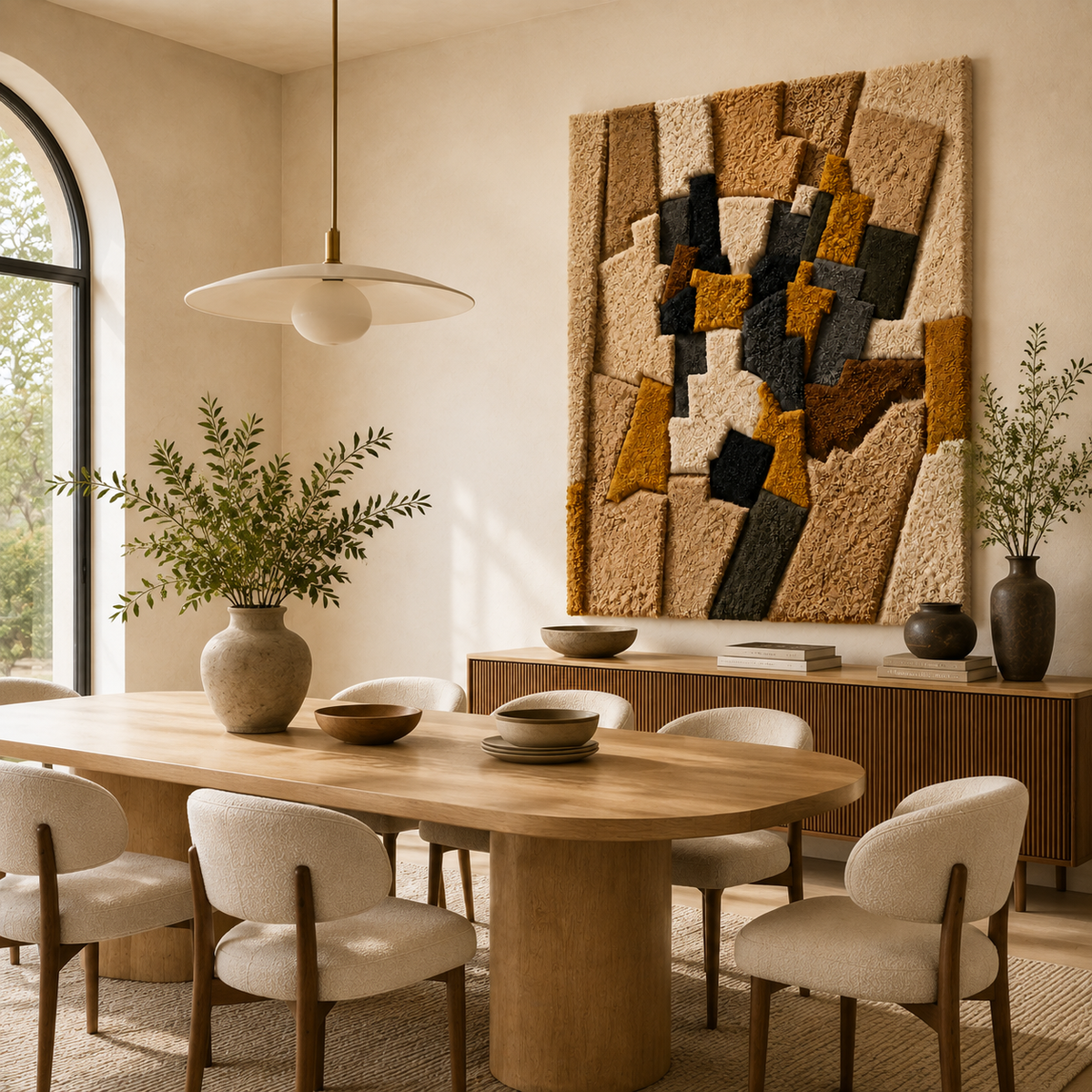 Colorful patchwork tower wall art by Hewn Earth featuring vibrant geometric patterns and textured fabric elements.