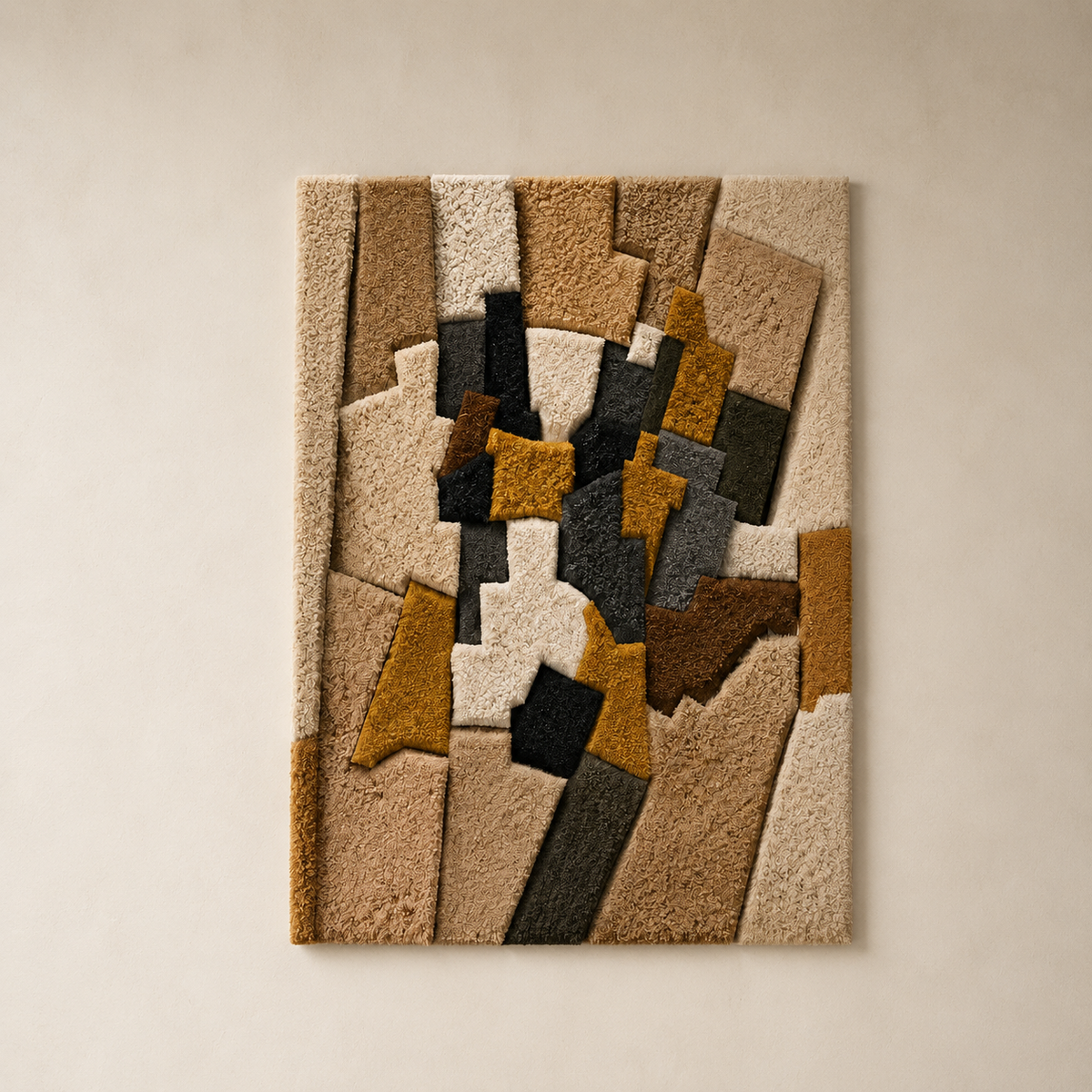 Colorful patchwork tower wall art by Hewn Earth featuring geometric patterns and vibrant fabric textures for modern home decor.
