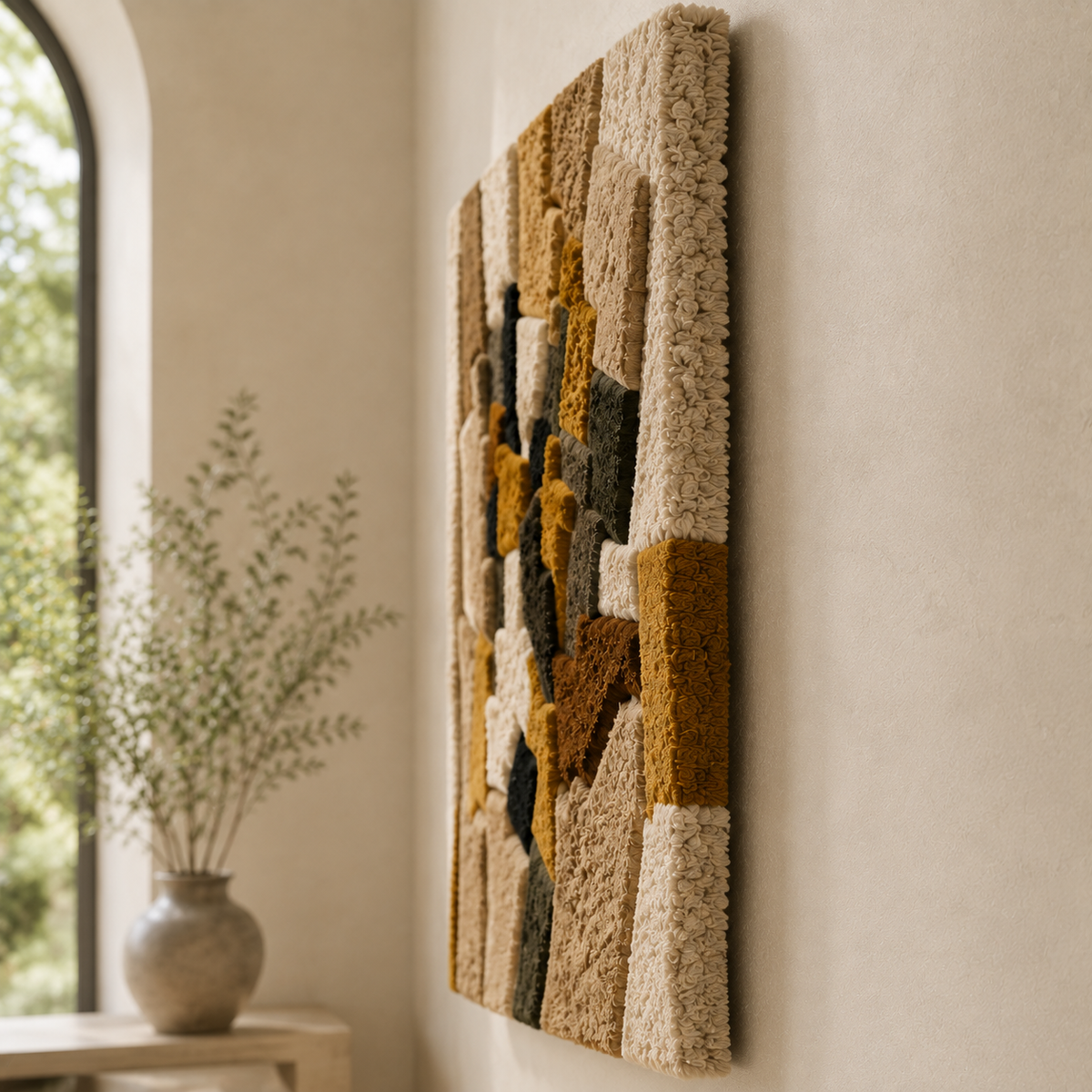 Colorful patchwork wall art by Hewn Earth featuring geometric patterns and textured fabric in a modern design.
