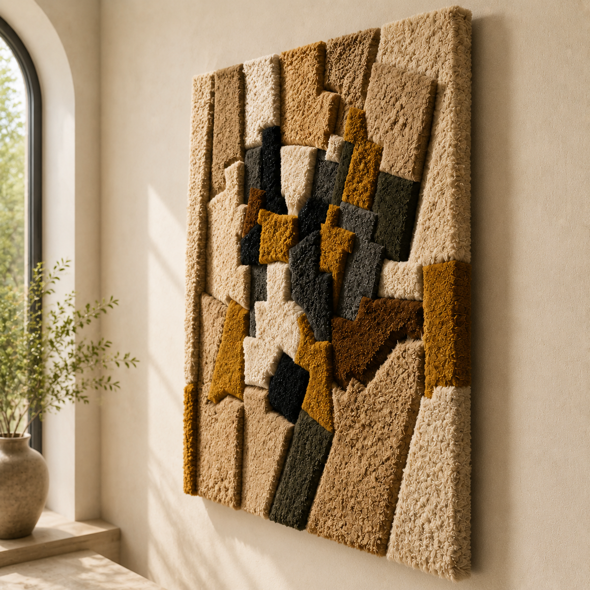 Colorful patchwork wall art by Hewn Earth featuring geometric patterns and textured fabric in a vibrant, modern design.