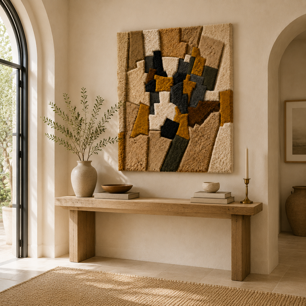 Colorful patchwork wall art by Hewn Earth featuring geometric patterns and vibrant fabric textures for modern interior decor.