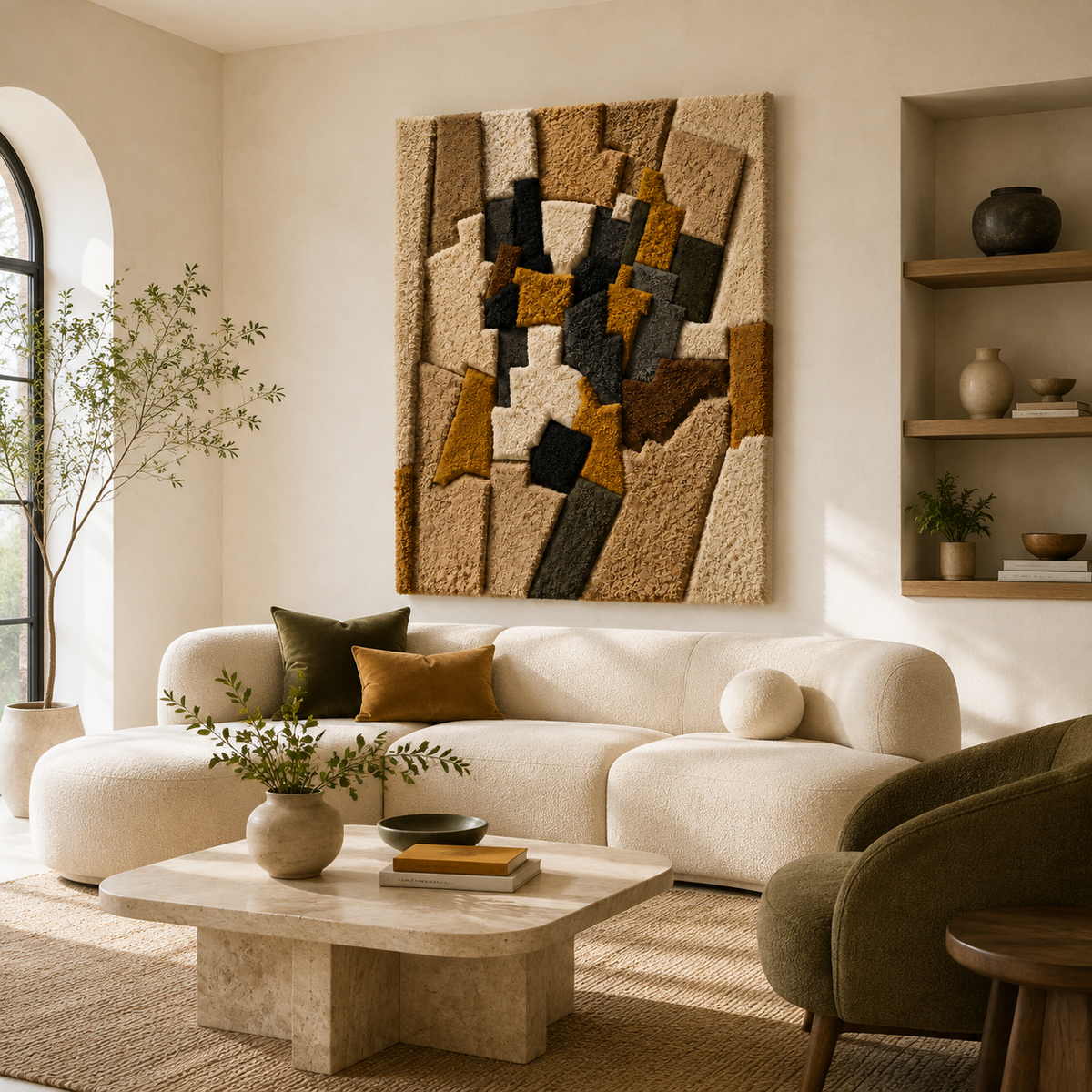 Colorful patchwork wall art by Hewn Earth featuring a layered, textured tower design for modern interior decor.