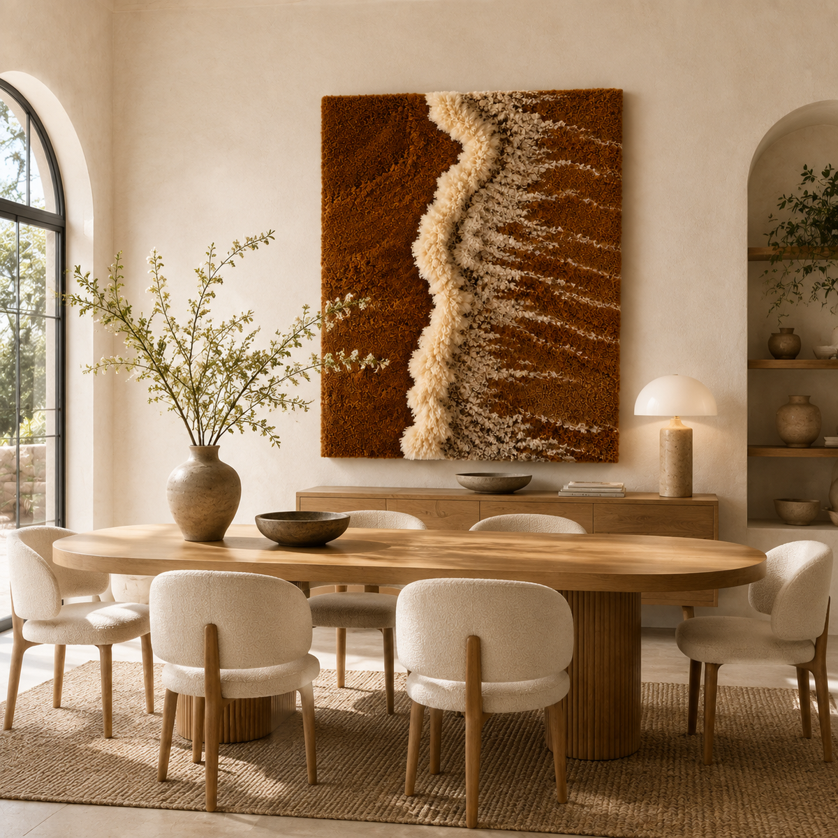 Hewn Earth Sand River wall art, abstract earthy-toned design on a canvas, modern home decor piece.
