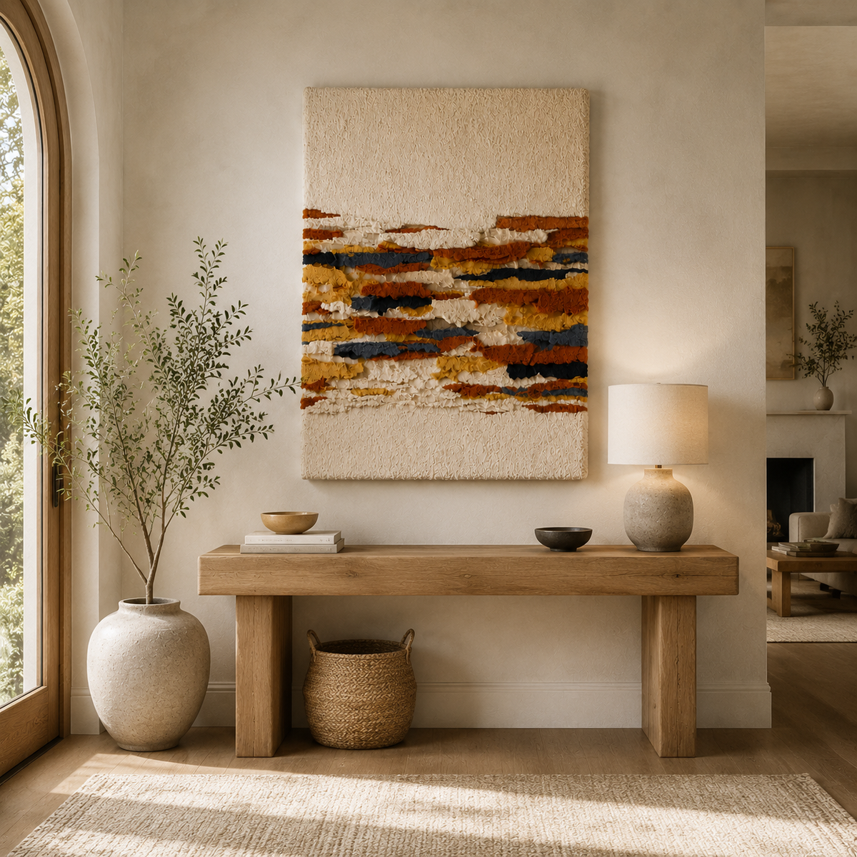 Hewn Earth Horizon Lines HE-0268 wall art featuring abstract blue and beige layered horizontal lines on a neutral background