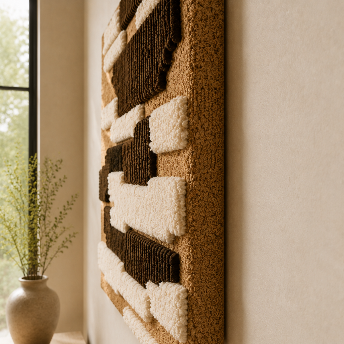 Black and white wall art featuring geometric step patterns by Hewn Earth, modern abstract design for home decor.