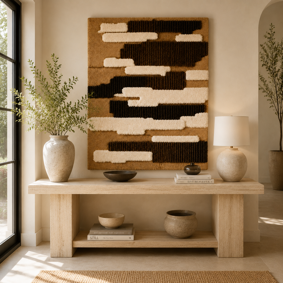 Black and white wall art featuring step patterns by Hewn Earth, modern geometric design for contemporary interior decor.