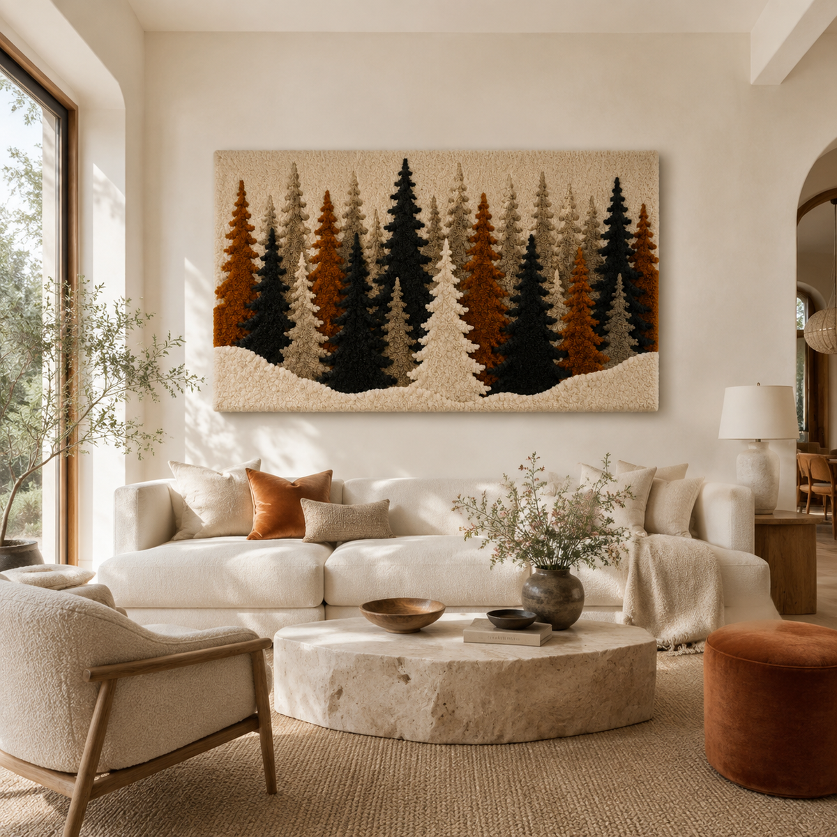 Hewn Earth Pine Grove HE-0273 wall art featuring a scenic pine forest illustration on a wall.