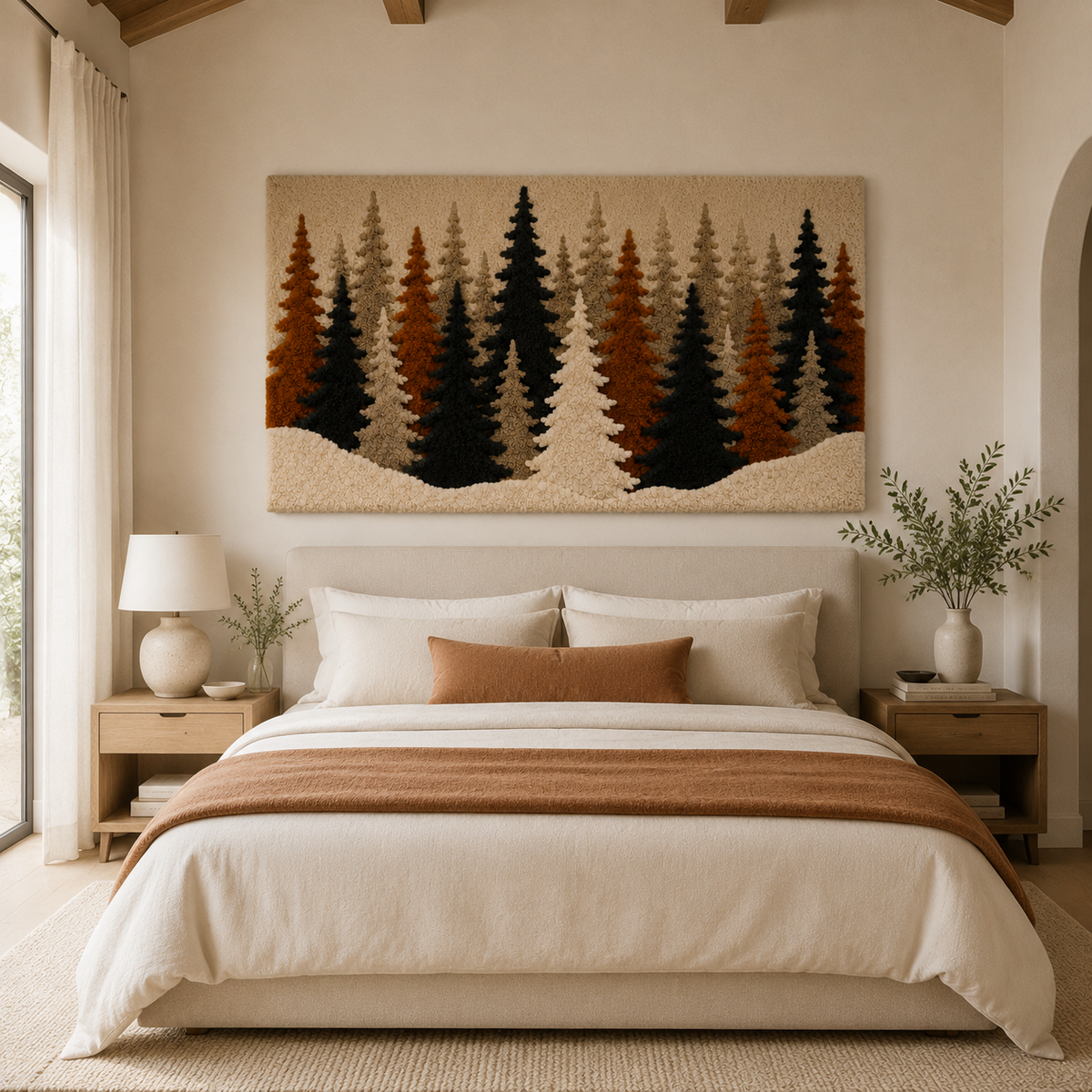 Hewn Earth Pine Grove wall art featuring a scenic pine forest landscape in natural tones.