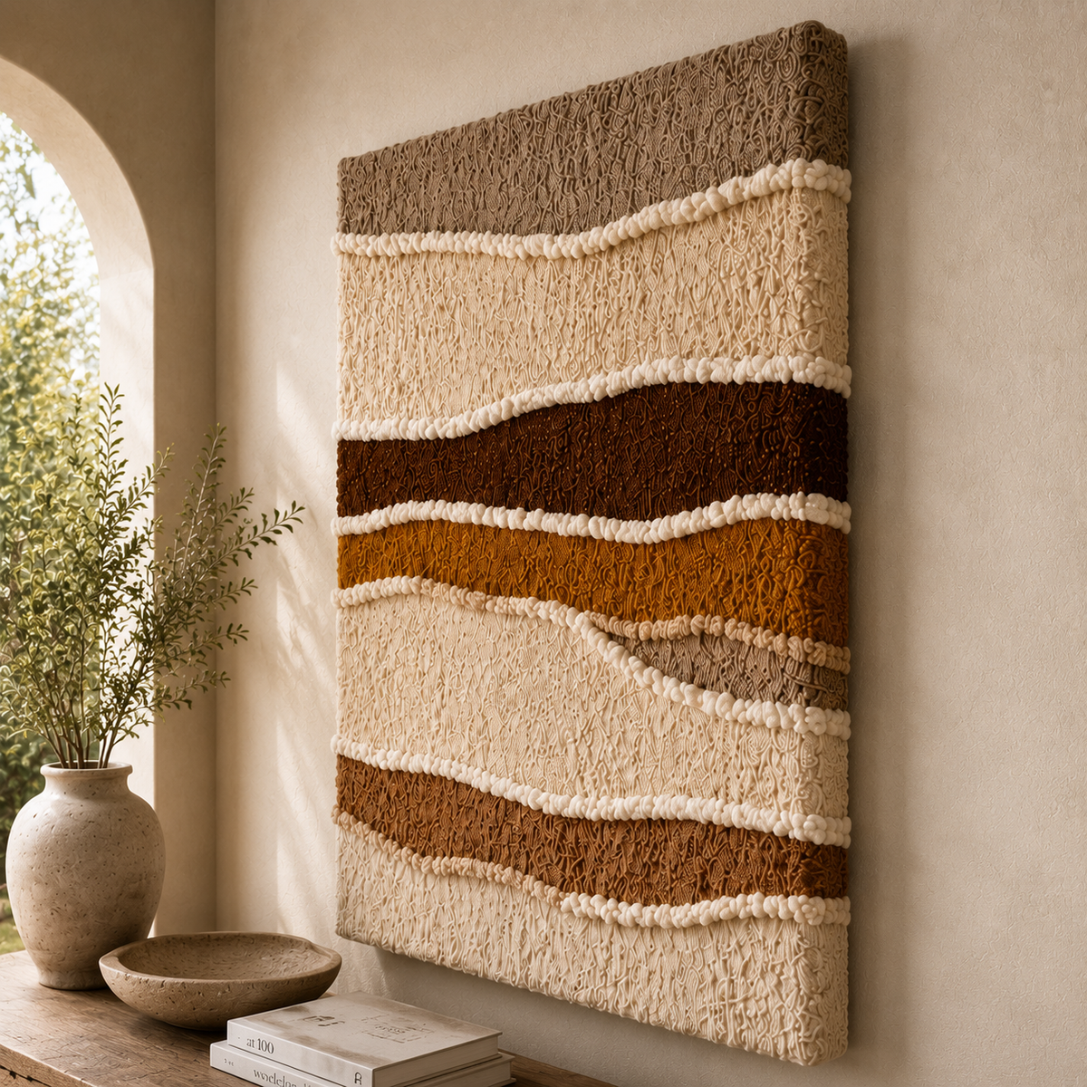 Hewn Earth Dune Lines HE-0274 wall art featuring abstract beige and brown textured design on a canvas background