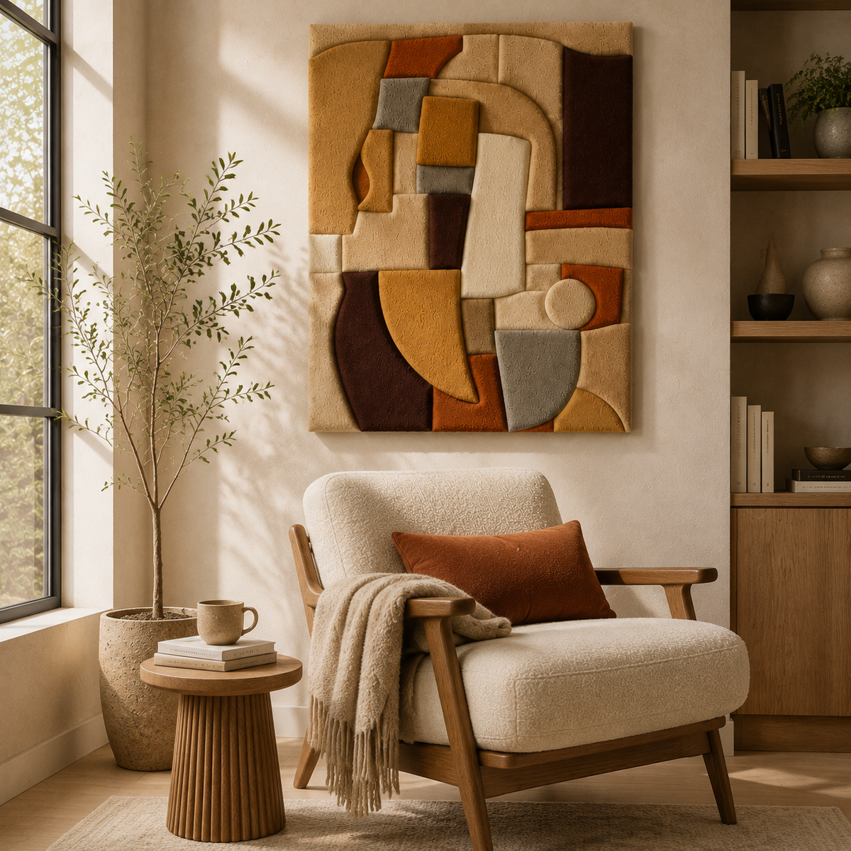 Hewn Earth Cubist Hearth wall art, HE-0276, featuring geometric abstract design in earthy tones on a neutral background.