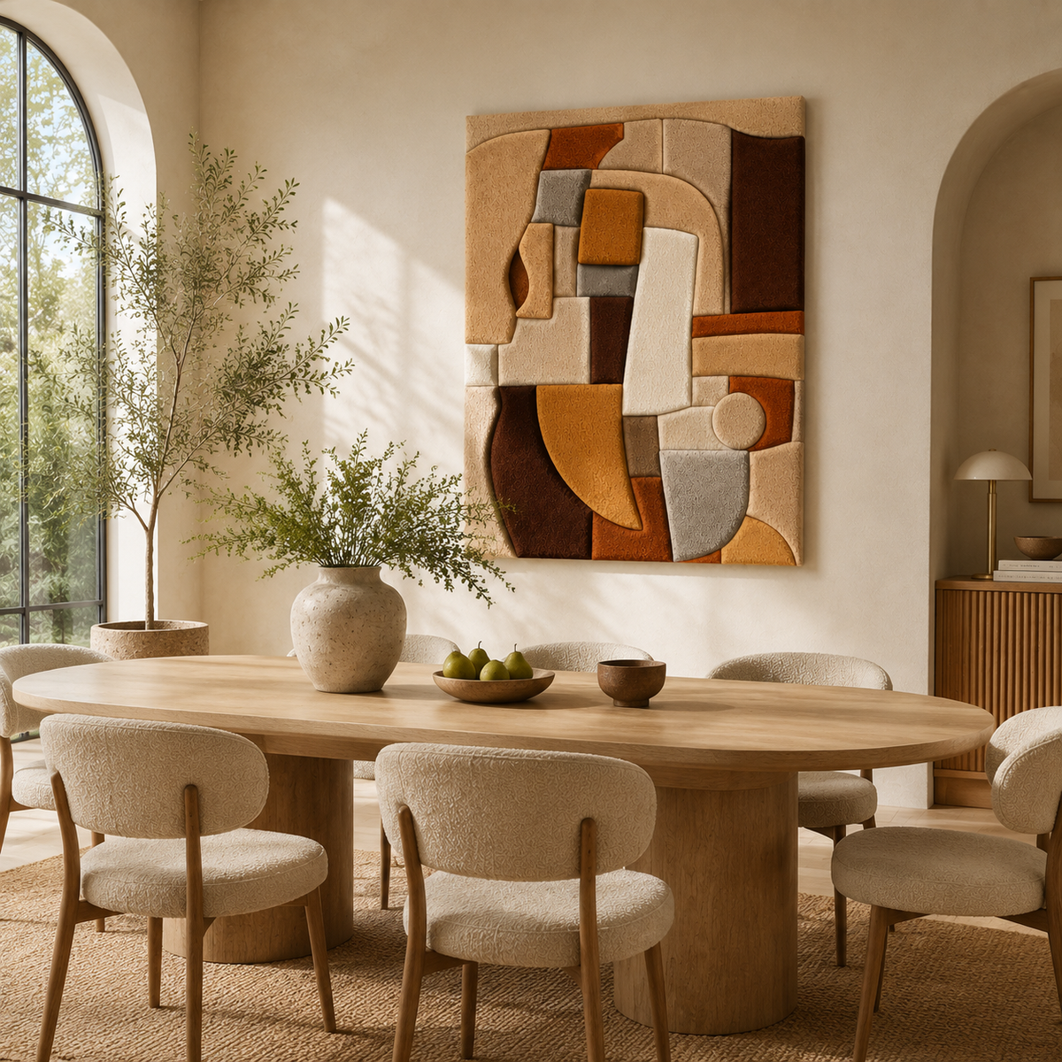 Hewn Earth Cubist Hearth wall art, geometric abstract design in neutral tones, modern decorative wall piece.