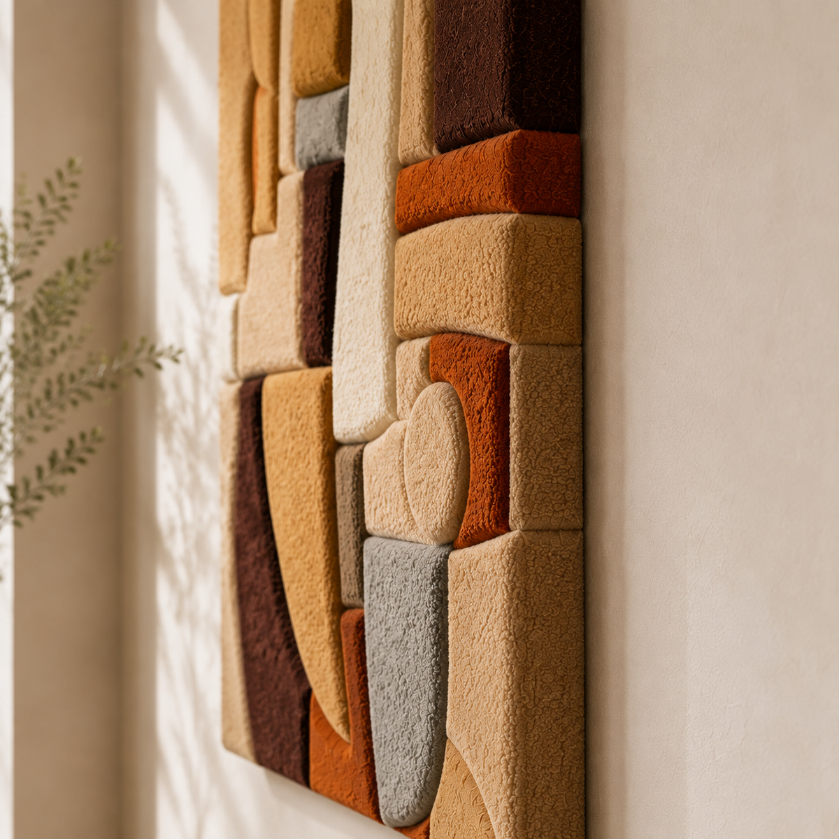 Cubist Hearth wall art by Hewn Earth featuring geometric abstract design in earthy tones, suitable for modern interior decor.