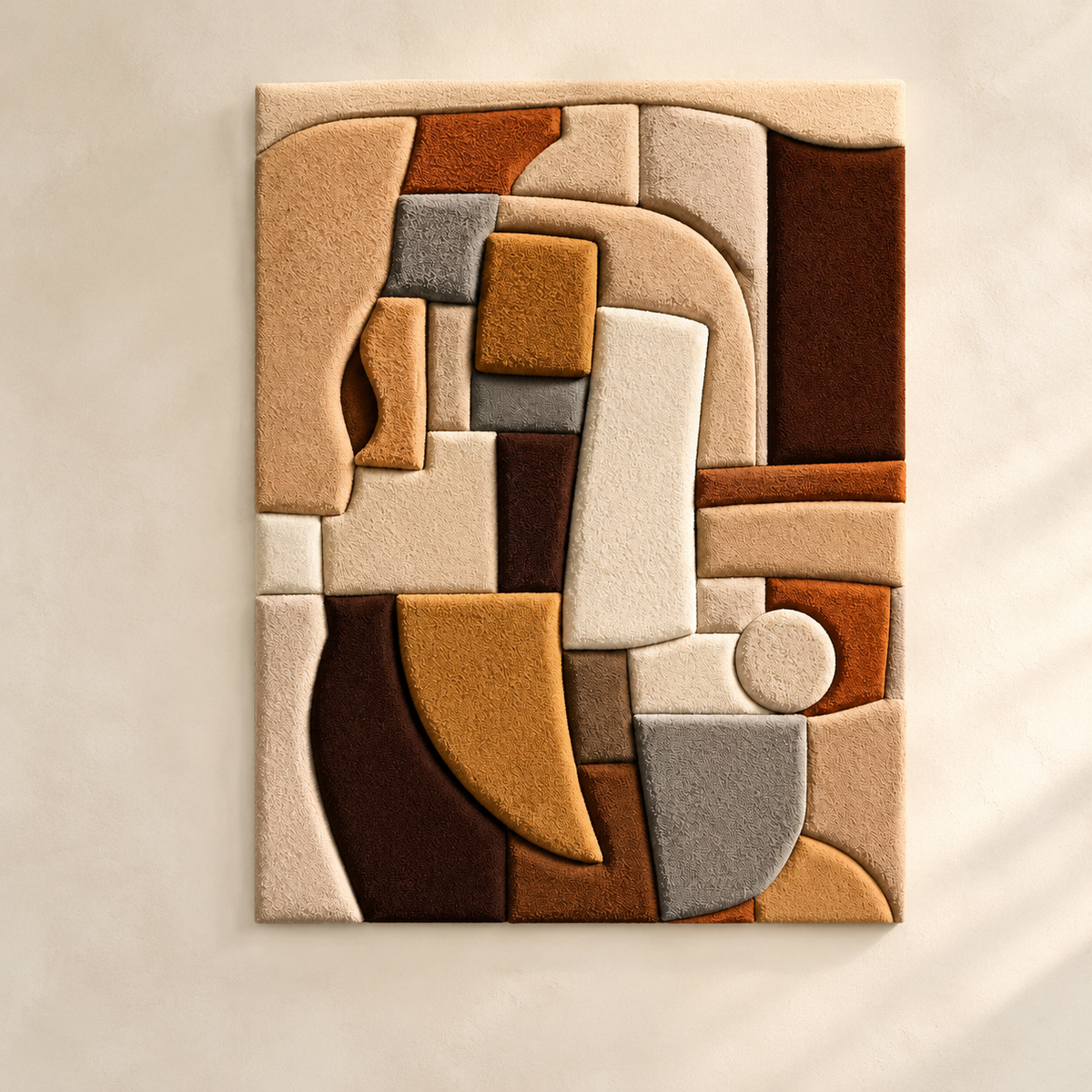 Hewn Earth Cubist Hearth wall art, abstract geometric wall decor in neutral tones, modern design for contemporary interiors.