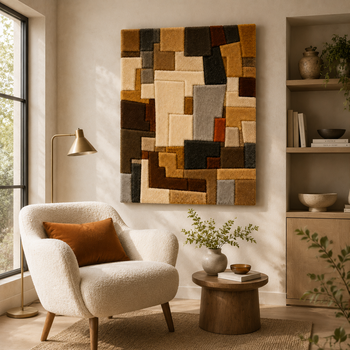 Hewn Earth Studio Grid HE-0277 wall art featuring geometric black and white abstract design on a square canvas.