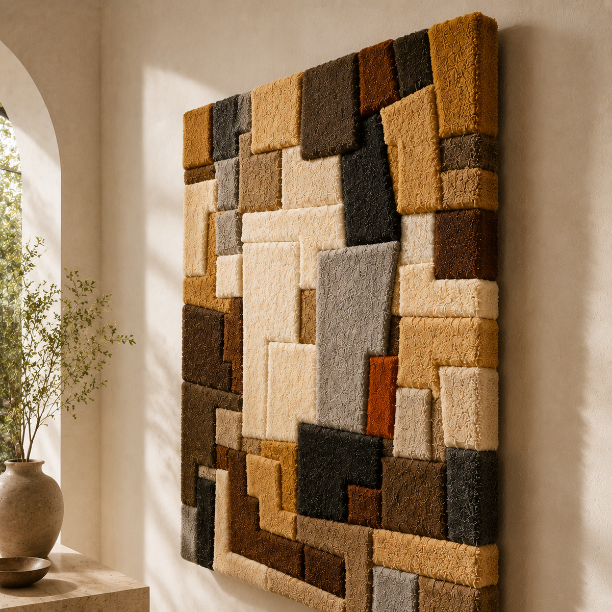 Hewn Earth Studio Grid HE-0277 wall art featuring geometric black and white abstract design on a canvas.