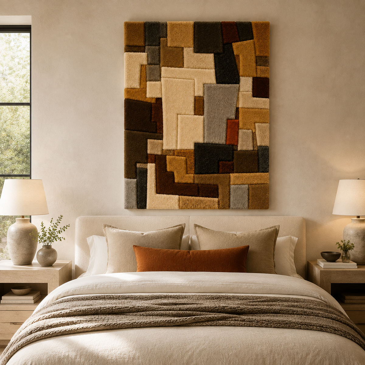 Hewn Earth Studio Grid wall art featuring geometric patterns in neutral tones, modern home decor piece.